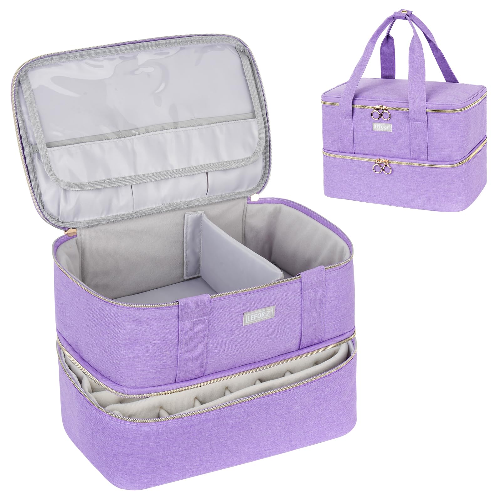 Double Layer Nail Polish Organizer & Storage Case - Holds 40 Bottles & Nail Lamp - Portable Nail Tech Carrying Bag for Salon & Travel - Purple Nail Art Supply Holder (Perfect for Professional Nail Technicians & DIY Manicures at Home)