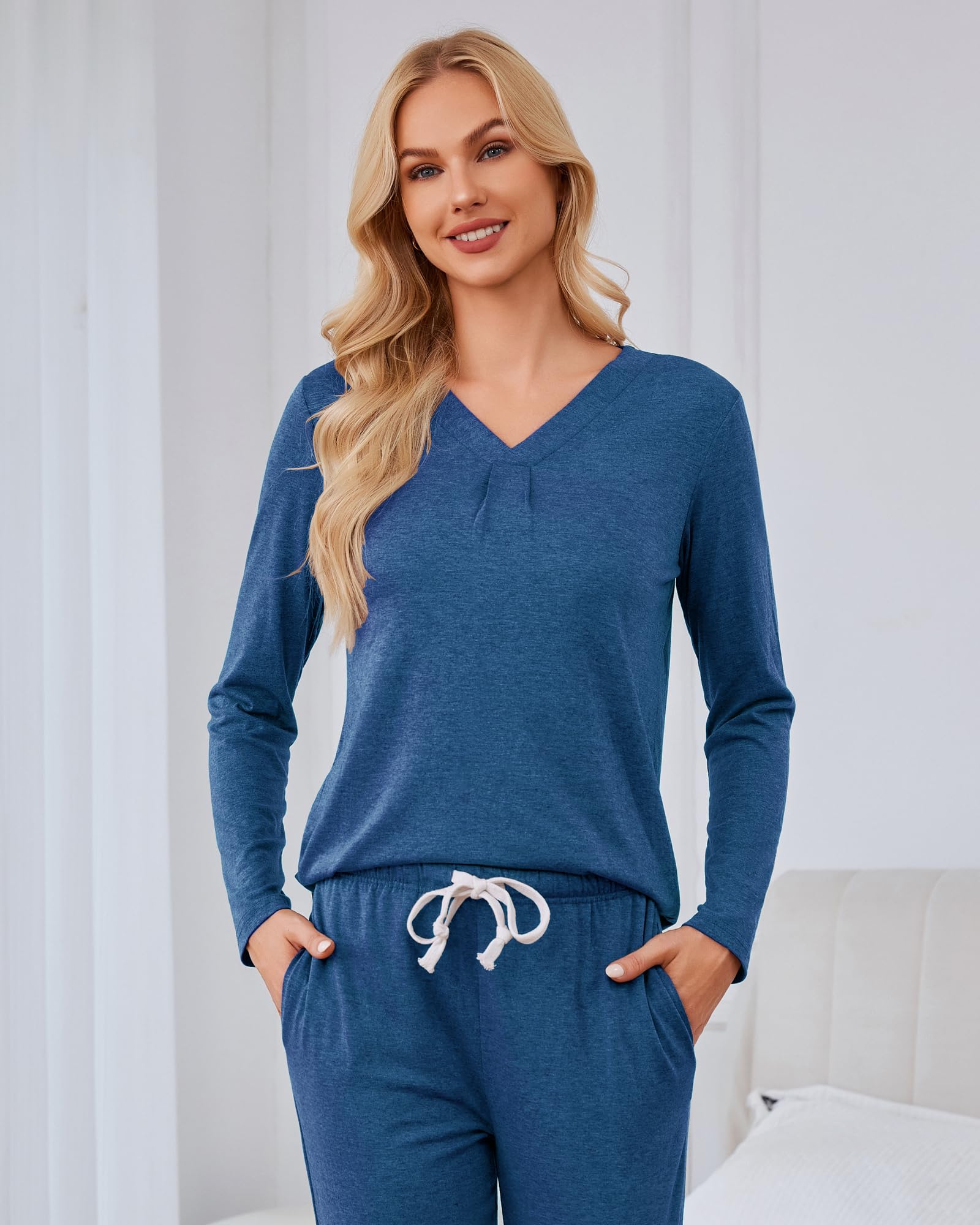 Difficort Women's Pajama Sets - Soft Long Sleeve Sleepwear with Pockets, Comfy Lounge Pjs for Nightwear & Relaxing at Home