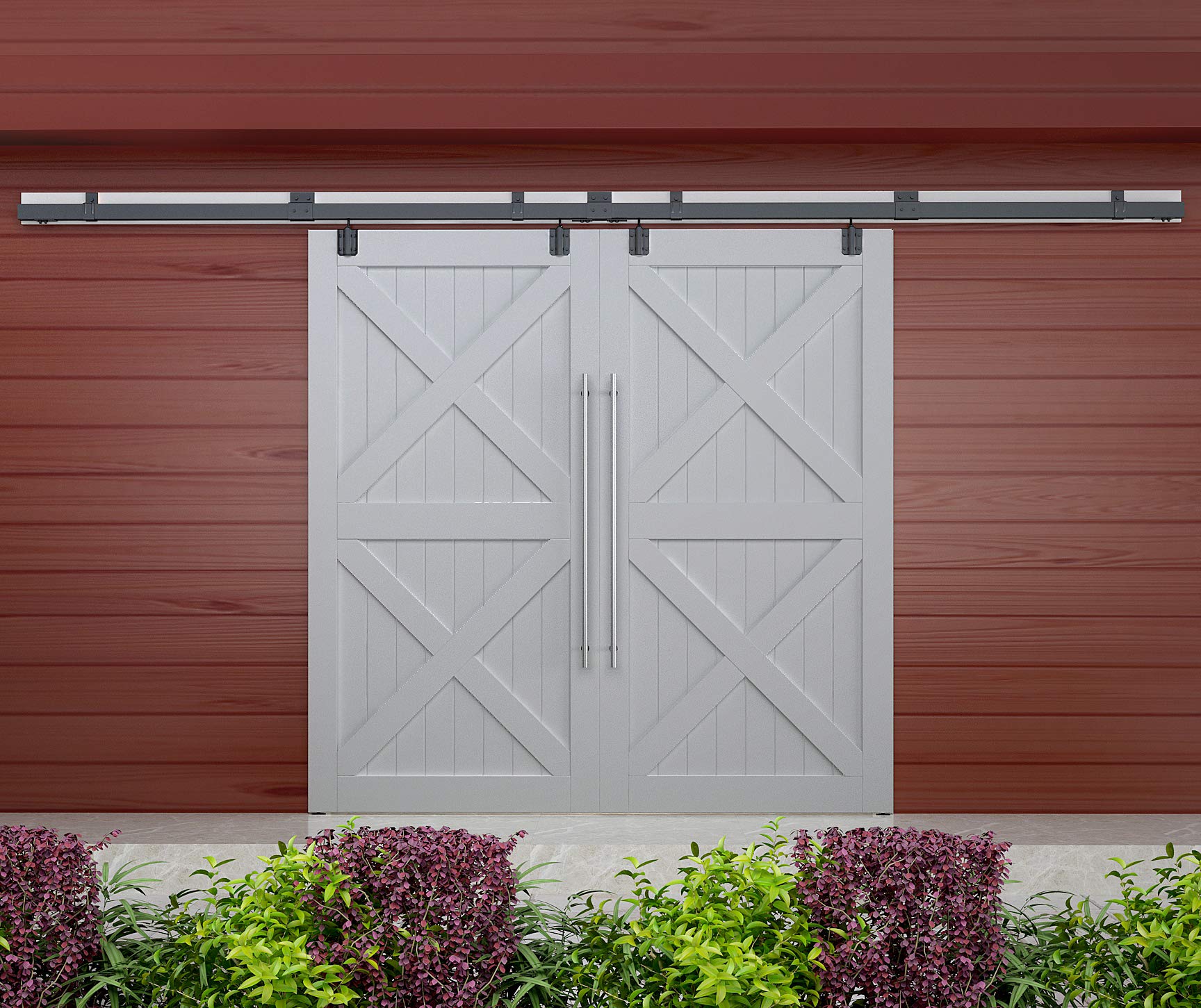 Heavy Duty 8FT Double Sliding Barn Door Hardware Kit - Wall Mount Track System for Exterior Doors (300lbs Max Load, Fits 24