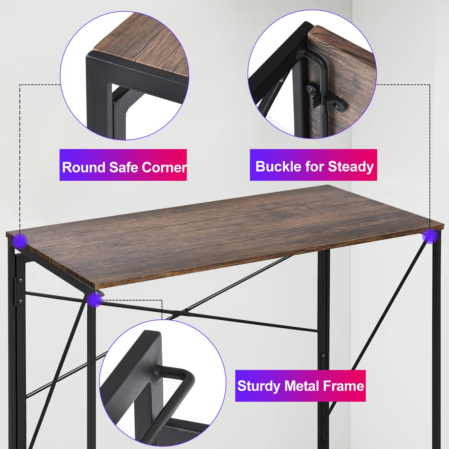 Zanzio 39.4 Inch Folding Computer Desk - Space Saving Home Office Desk with Metal Frame, No Assembly Required, Rustic Brown - Perfect for Small Spaces, Remote Work & Study Rooms