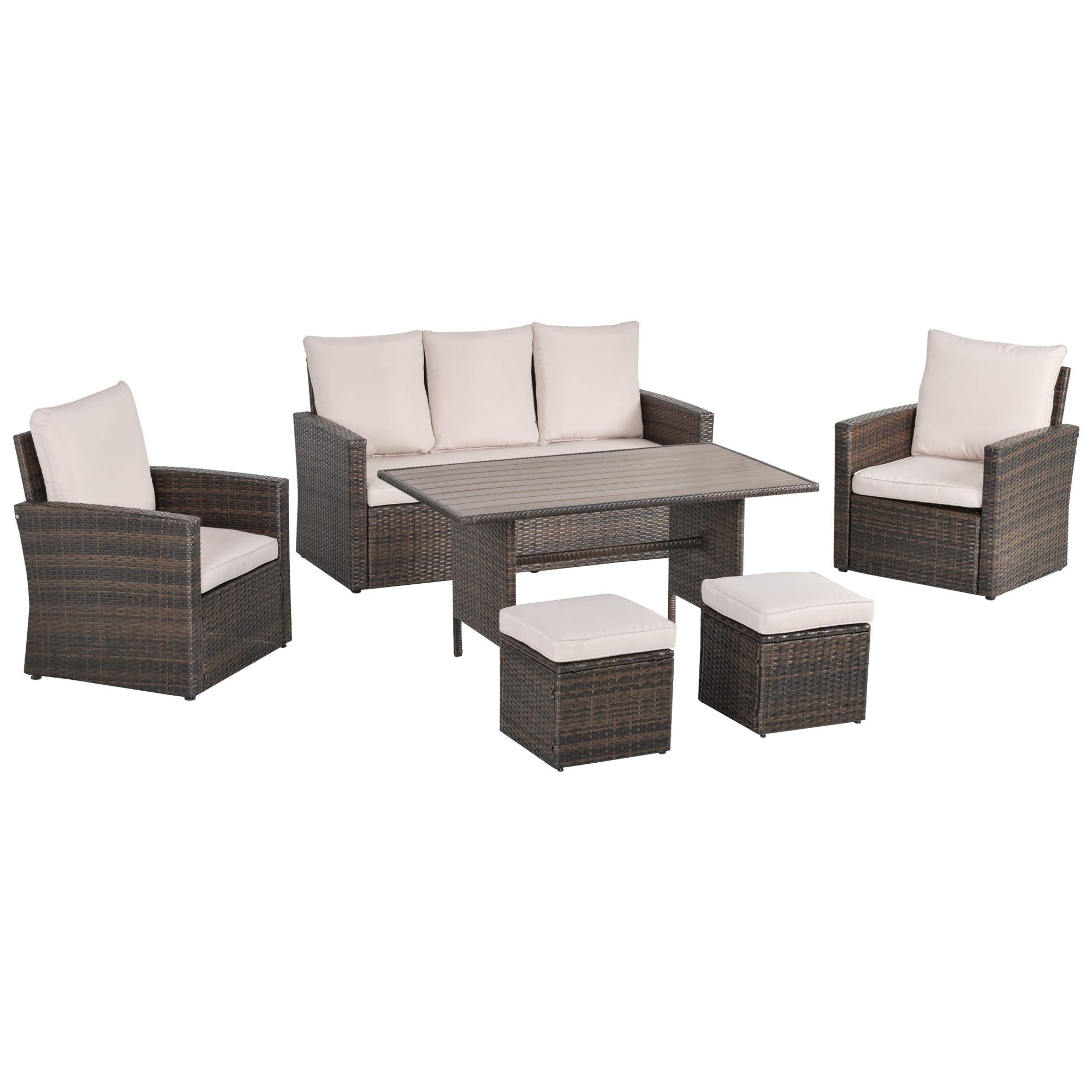 Outsunny 6-Piece All-Weather Patio Dining Set with Rattan Wicker Furniture, Wood Grain Table & Soft Cushions - Perfect for Outdoor Entertaining, Backyard BBQs & Garden Relaxation (Beige)