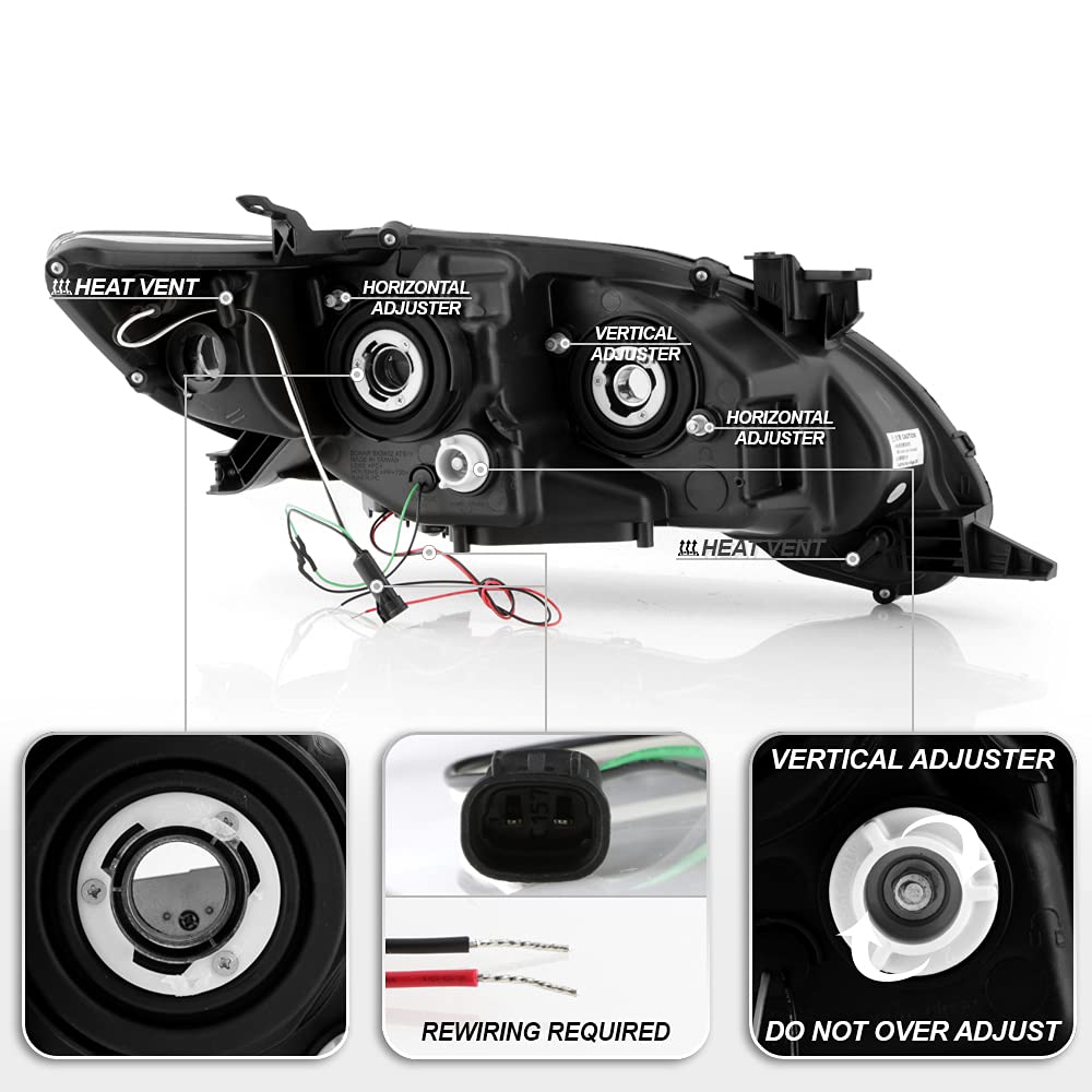 ACANII LED Tube Halo Black Housing Projector Headlights for 2011-2013 Toyota Corolla - Driver & Passenger Side - Upgrade Your Night Driving Visibility