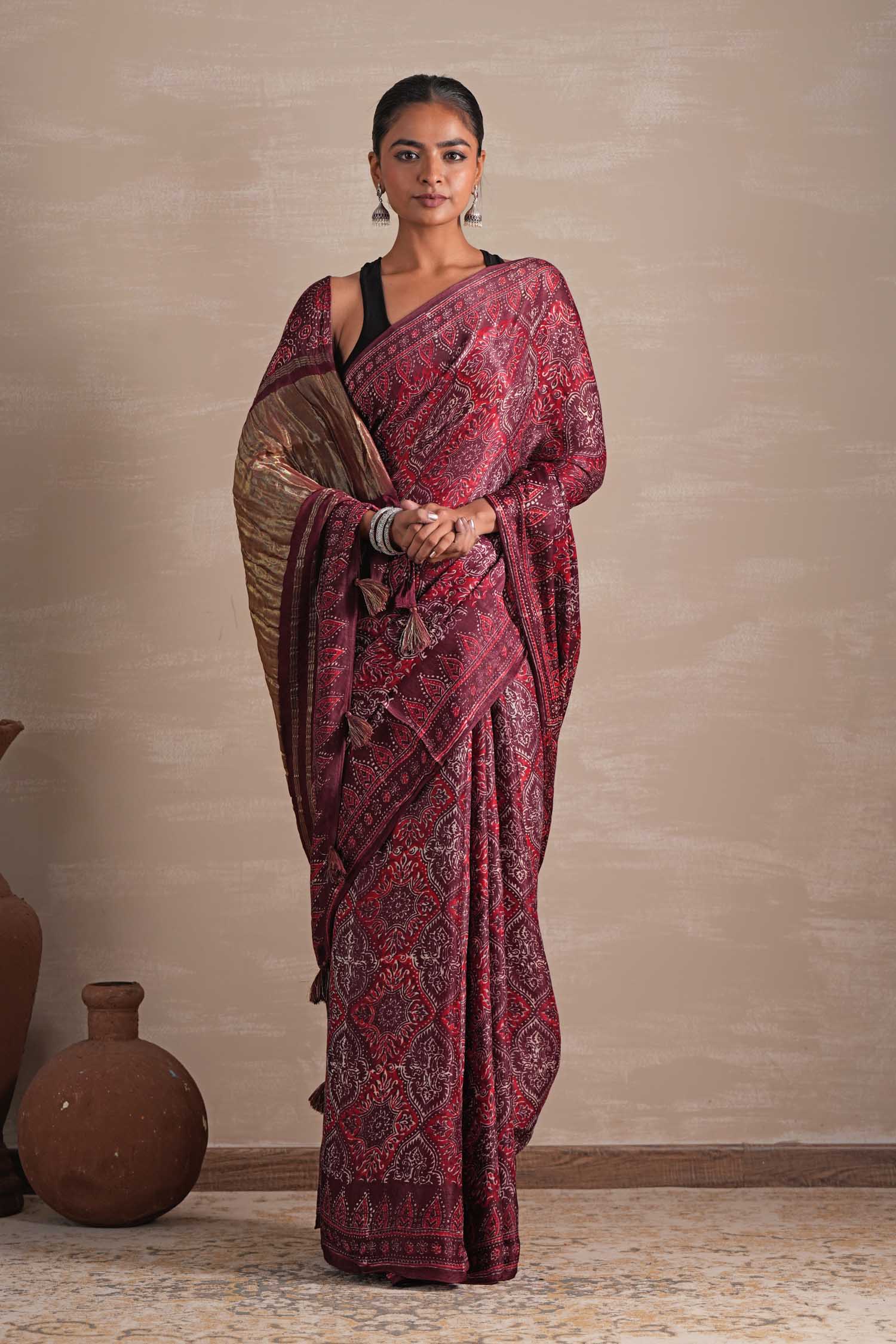 Handmade Mahogany Bloom Block Printed Modal Saree - Soft & Lightweight Indian Traditional Dress for Women - Perfect for Weddings, Parties & Festive Occasions