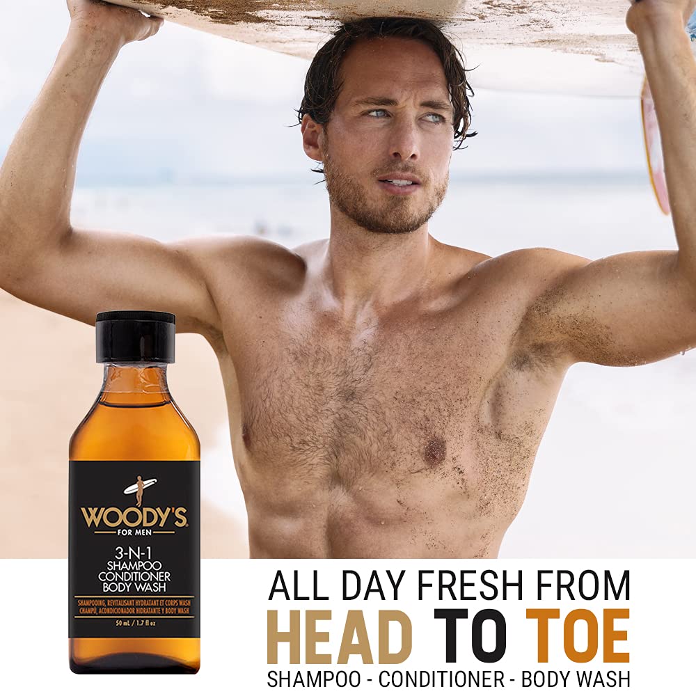 Woody's Men's 3-in-1 Shampoo, Conditioner & Body Wash with Marine Extracts, Cucumber & Aloe Vera - Travel Size 1.7 Fl Oz - Multipurpose Cleanser for Gym, Travel & Daily Use