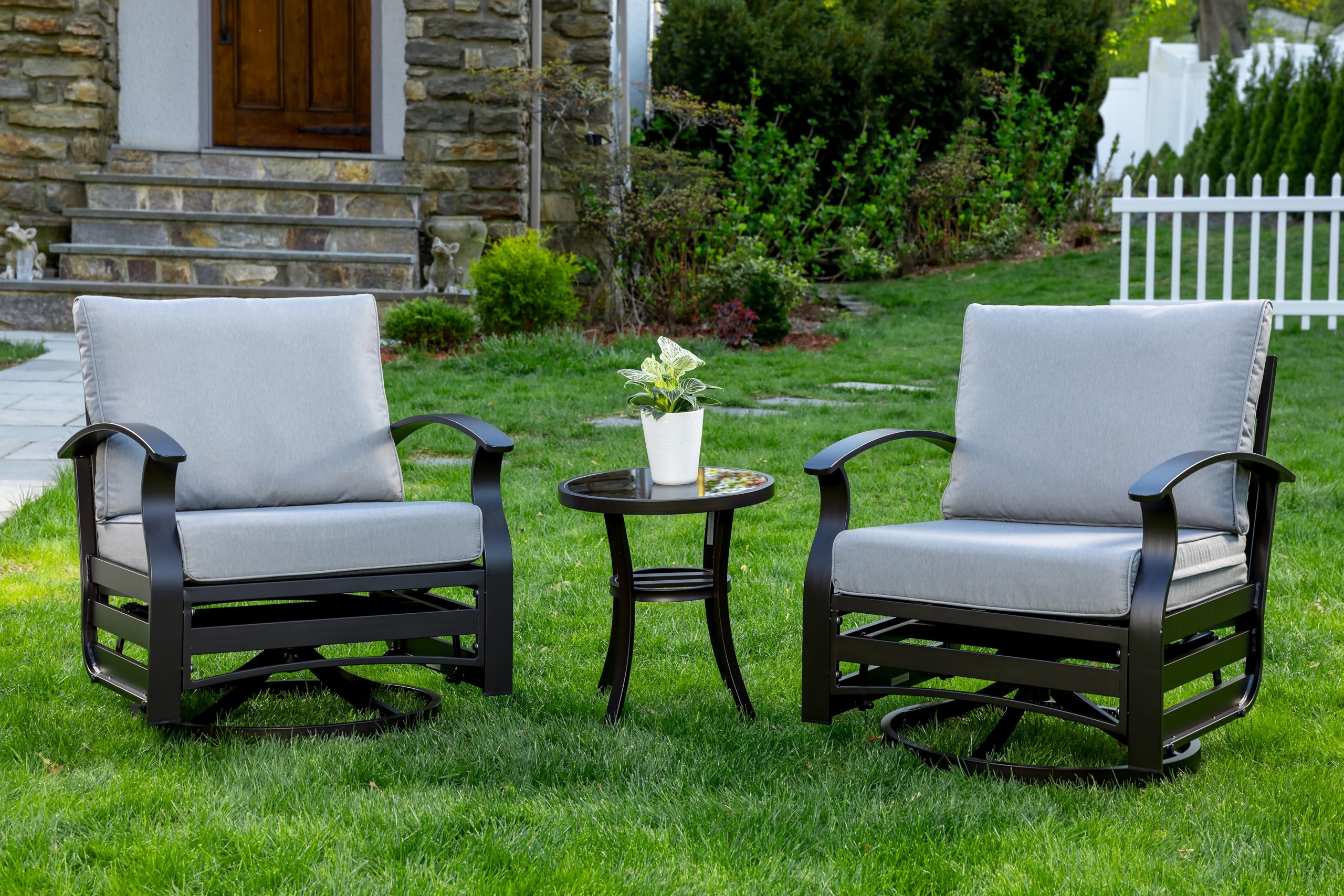 Gotland 3-Piece Outdoor Aluminum Swivel Rocking Chair Set with Coffee Table & Cushions - Patio Furniture for Porch, Garden, Deck, or Backyard Relaxation