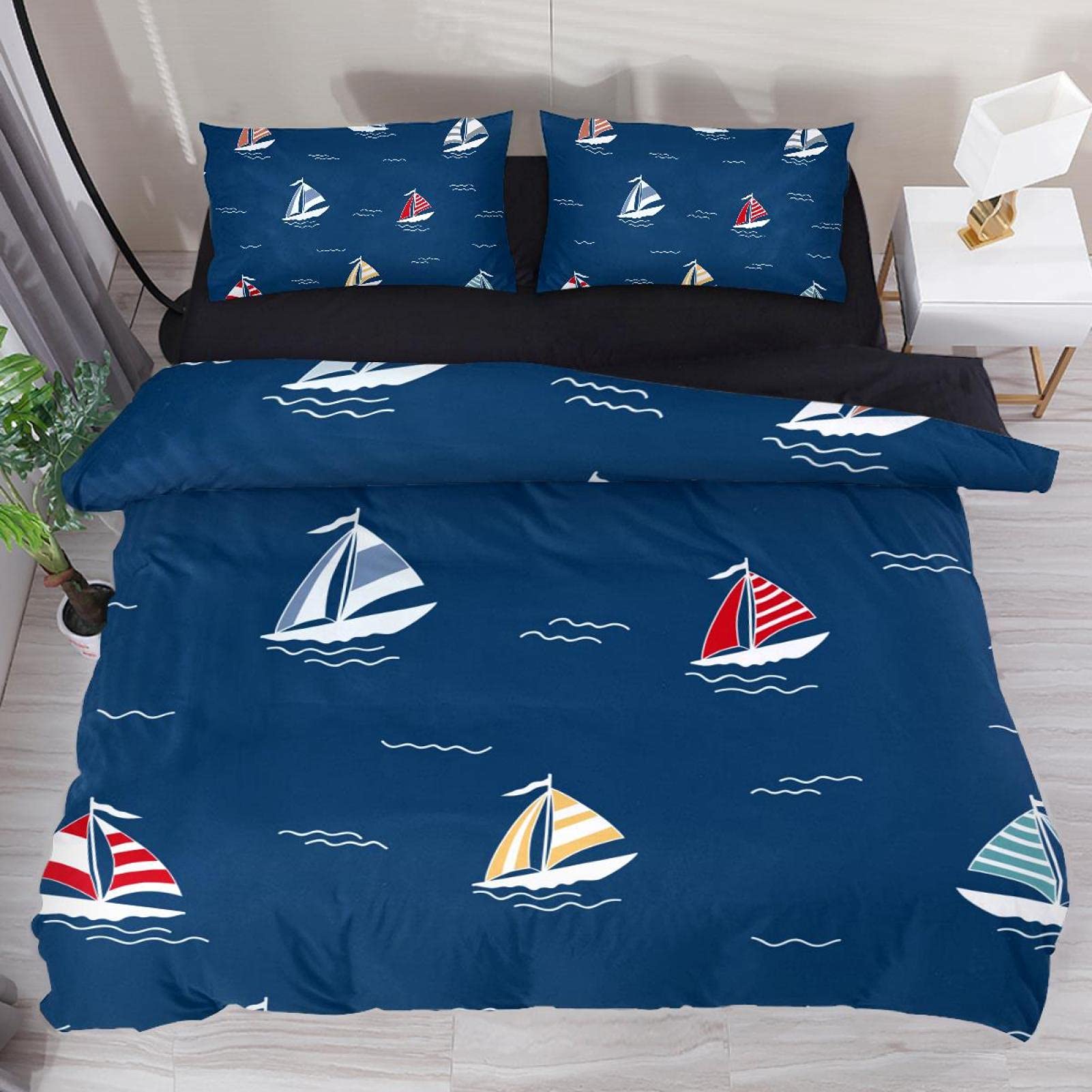 3 Piece Duvet Cover Set - Navy Blue Sailboat Pattern Tencel Bedding Set for Teens (1 Duvet Cover + 2 Pillow Shams) | Ultra Soft & Breathable | Perfect for Kids' Bedrooms, Guest Rooms & Coastal Themed Decor