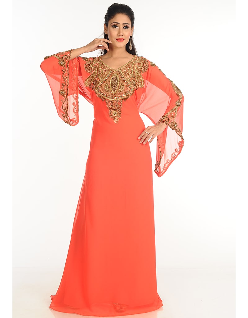 Arabic Peach Georgette Hand Zari Embroidered Galabiya Dress | Elegant Islamic Abaya for Women | Perfect for Eid, Wedding & Special Occasions