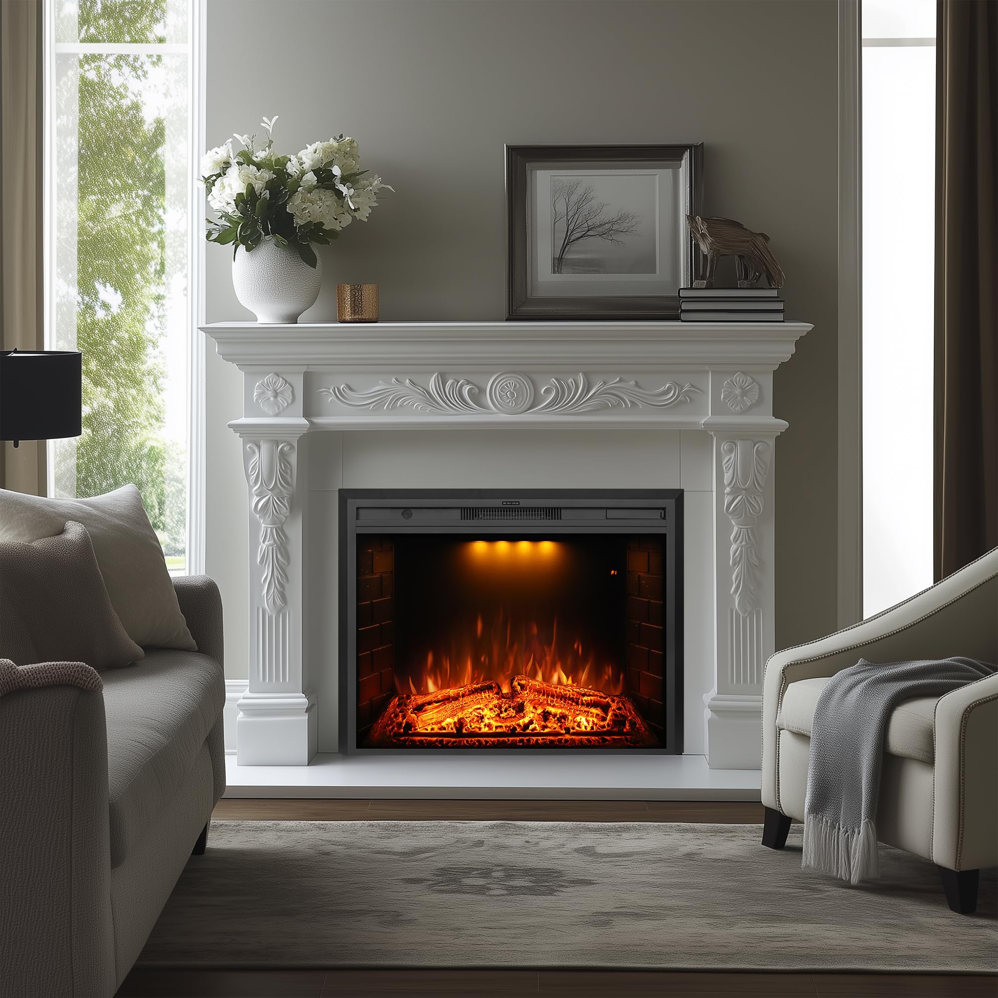 33 Inch Electric Fireplace Wall Mounted with Remote Control - Realistic Log & Crackling Sound - 750W/1500W Adjustable Heat - Overheat Protection & Timer - Black - Perfect for Living Room, Bedroom, Office Heating & Holiday Decor