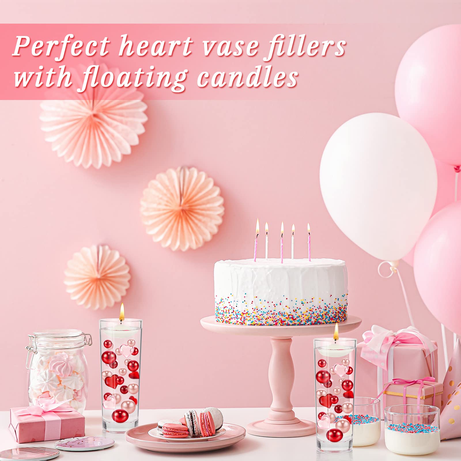 MTLEE 2116 Red Love Pearls Vase Fillers with 10 Floating Candles - Romantic Table Decor for Dating & Home