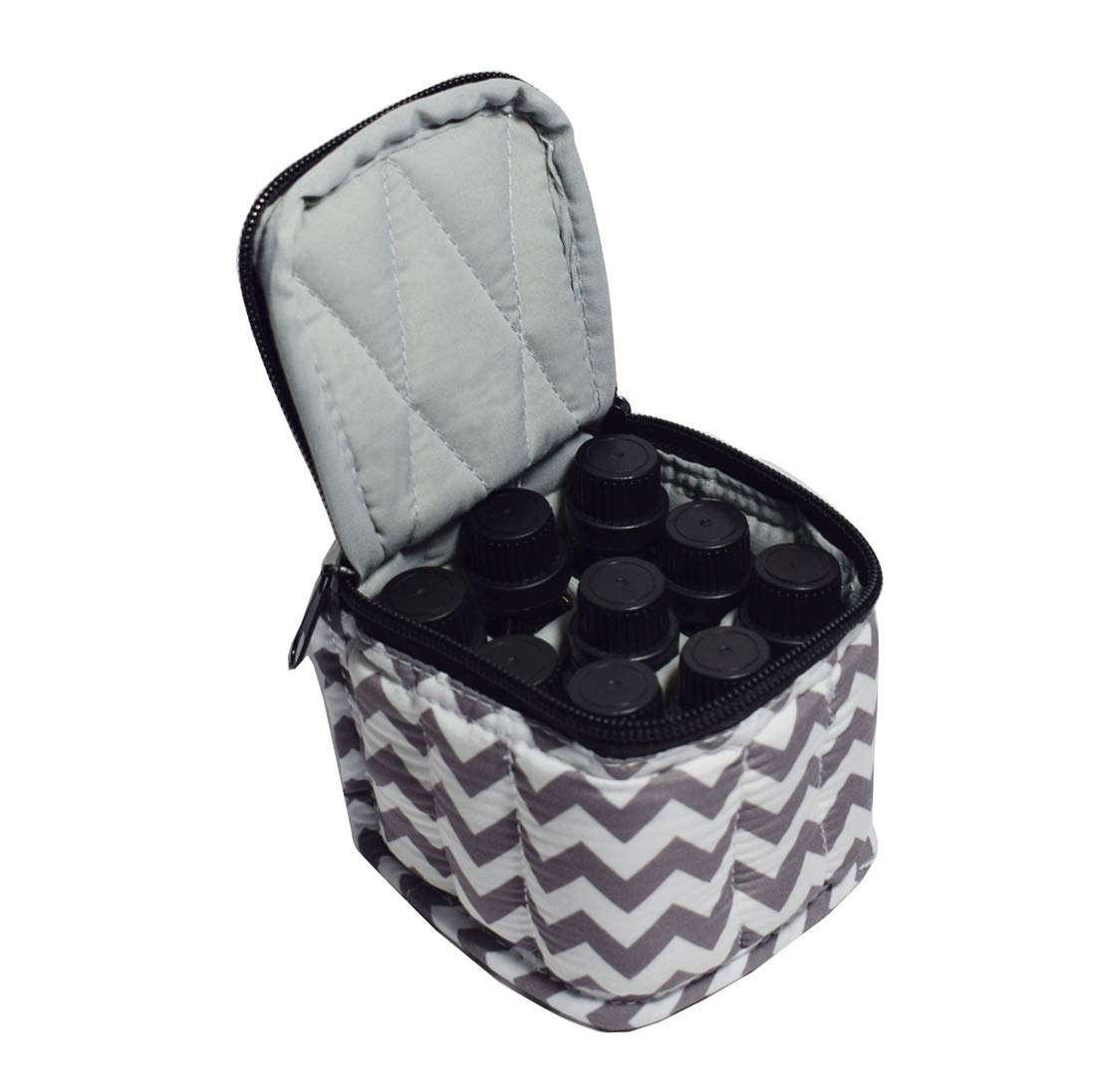 9 Bottles Essential Oil Travel Case - Shockproof Nail Polish Organizer for 5ml,10ml,15ml & Roller Bottles - Portable Handle & Double Zipper (Chevron Grey) - Perfect for Aromatherapy, DIY Beauty & On-the-Go Storage