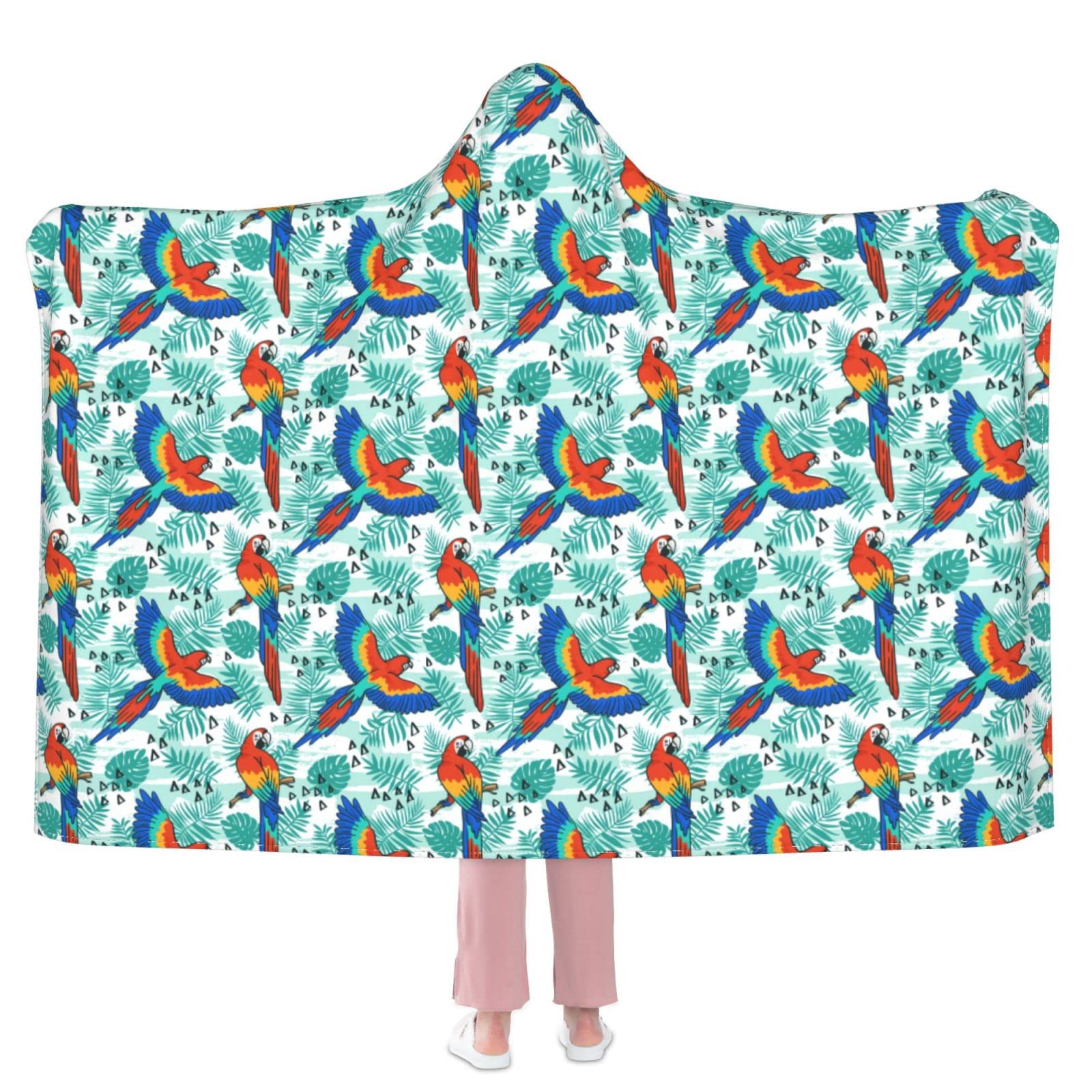 Cozy Parrot Print Flannel Wearable Blanket Hoodie - Soft Plush Fleece Hooded Blanket for Women, Men & Kids - Perfect for Bed, Couch, Travel & Gifts - Warm Winter Lounge Wear for Home & Outdoor Use