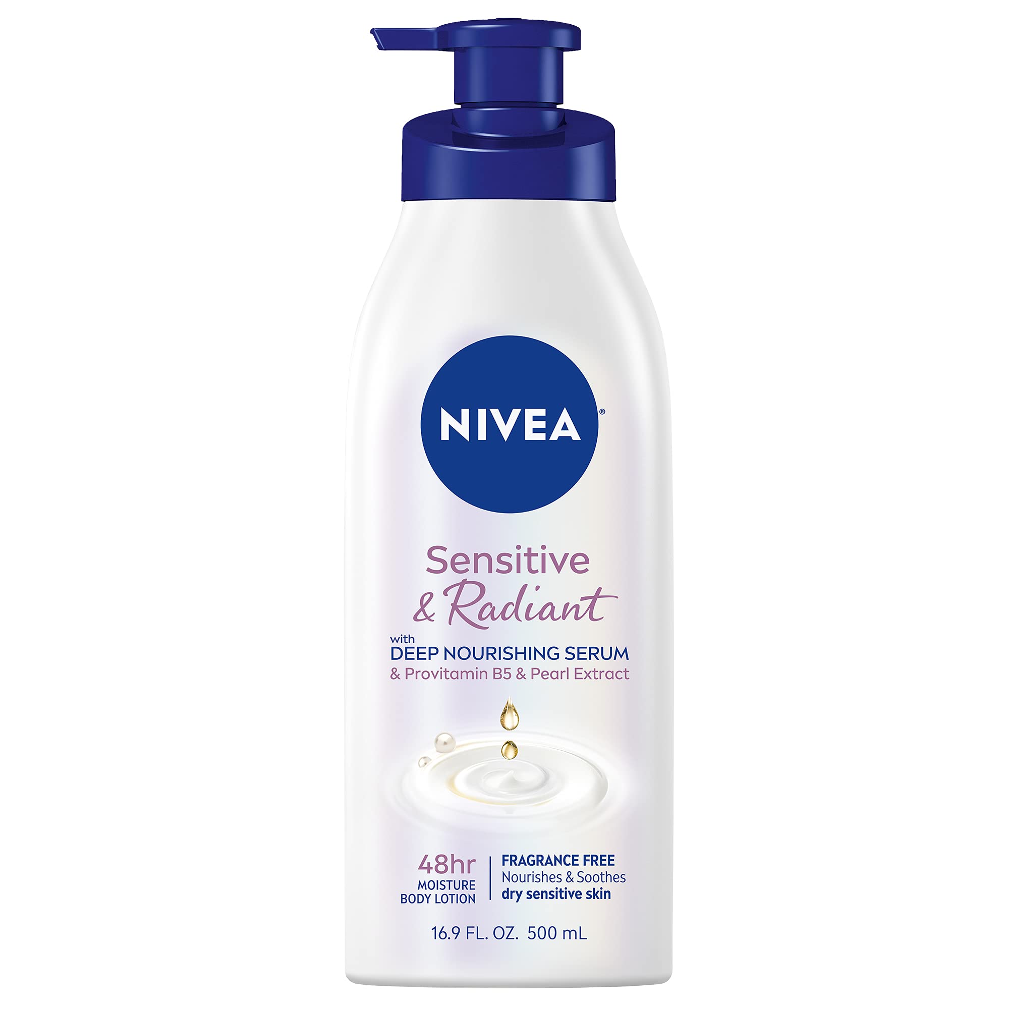 NIVEA Sensitive Skin Body Lotion - Hypoallergenic, Unscented Moisturizer for Dry & Sensitive Skin, Radiant Glow Formula, 16.9 Fl Oz Pump Bottle - Perfect for Daily Hydration & Post-Shower Care