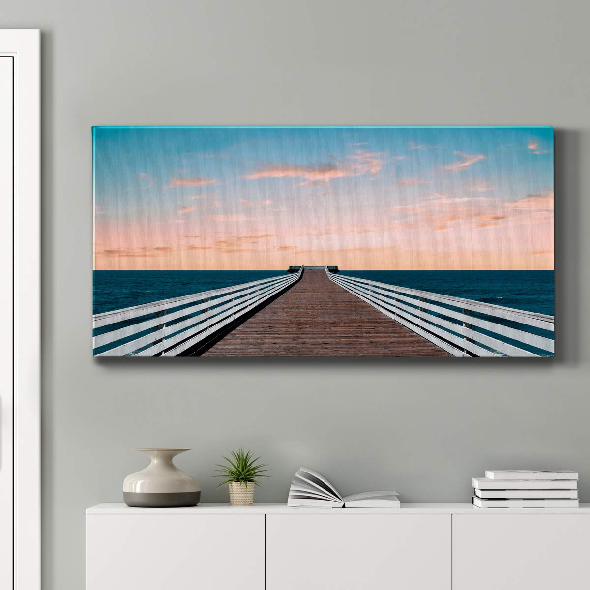 Modern Ocean Pier Canvas Wall Art - Blue Beach Landscape Print for Living Room, Bedroom, Bathroom & Office Decor - Ready to Hang 24x48 Inches - Perfect for Coastal, Nautical & Seaside Home Styling