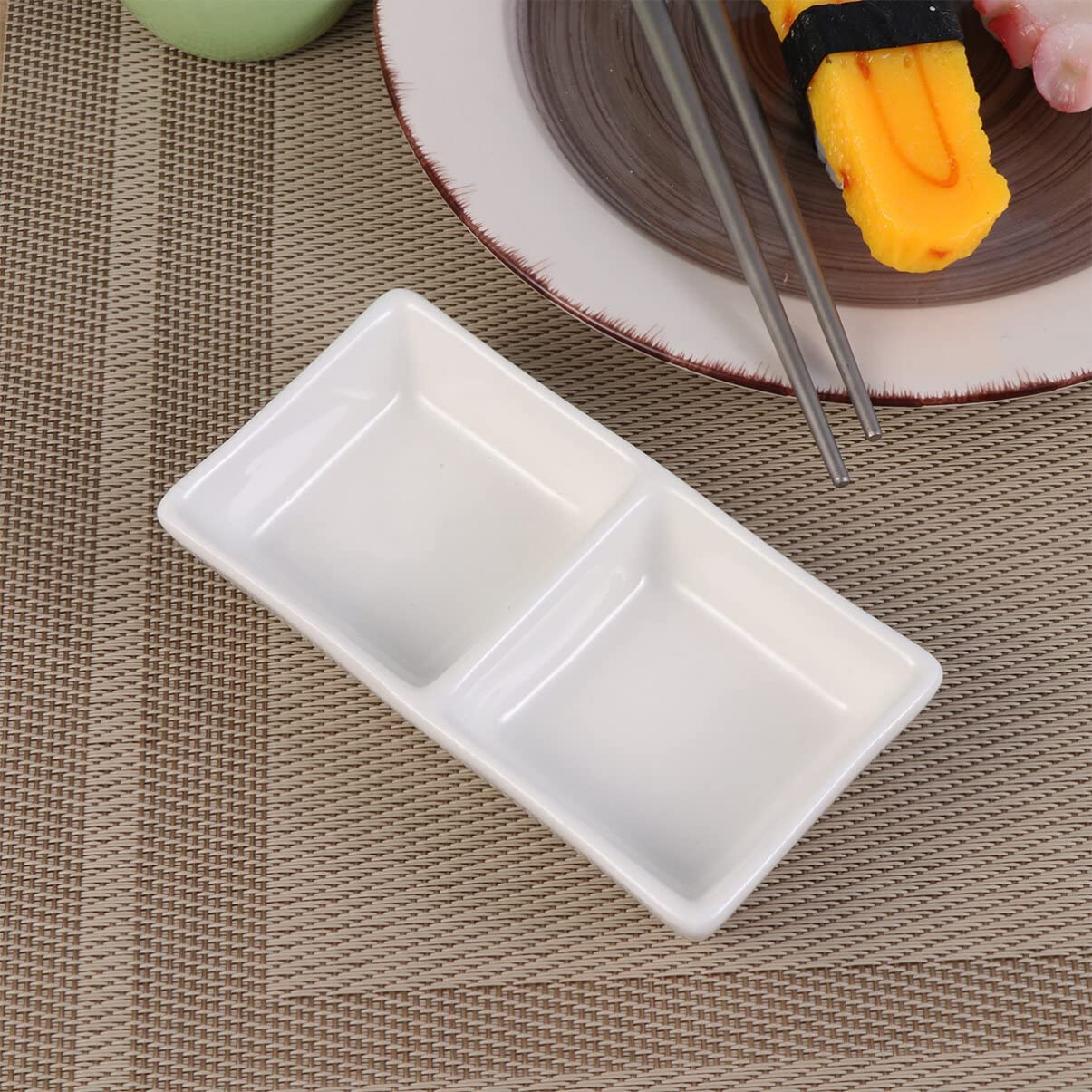 Kichvoe 2-Compartment Divided Ceramic Appetizer Plates - White Soy Sauce Dipping Dishes, Charcuterie Bowls & Snack Platter for BBQ, Ketchup, Vinegar - Perfect for Entertaining, Party Serving & Restaurant Use