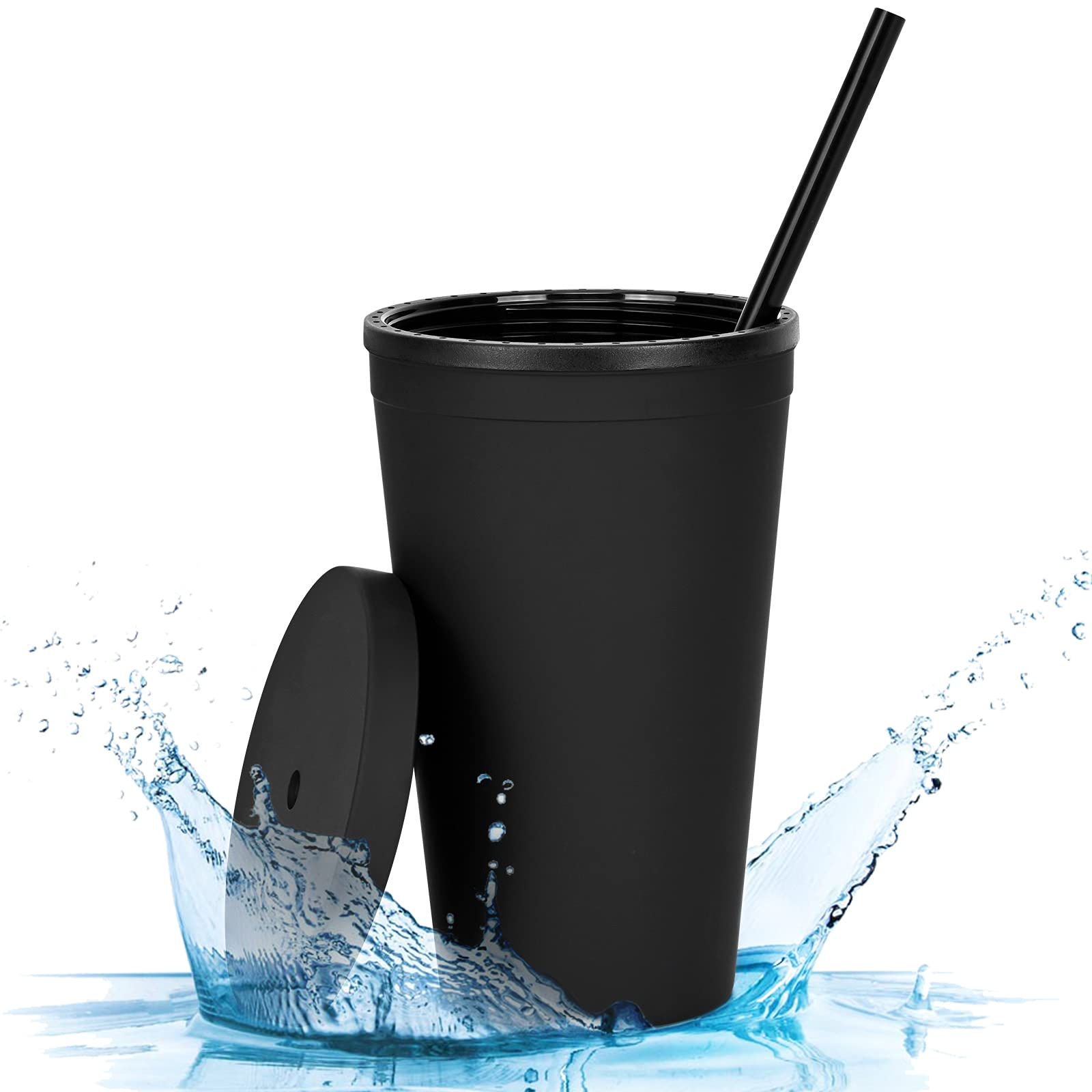 Waipfaru 16Oz Acrylic Tumbler with Lid and Straw - Matte Black Plastic Cup for Hot & Cold Drinks - Double Wall Insulated Customizable Tumbler - Perfect for Office, Gym, Travel and Personalized Gifts