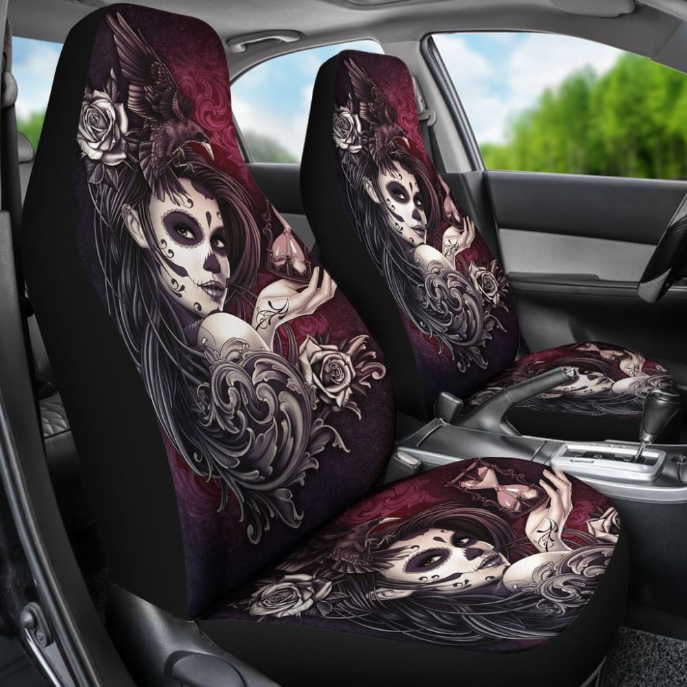 2 Pcs Sugar Skull Girl Car Seat Covers - Mexican Day of the Dead Decor - Universal Fit for Cars, Trucks & SUVs - Perfect for Halloween, Dia de los Muertos & Gothic Home Decor