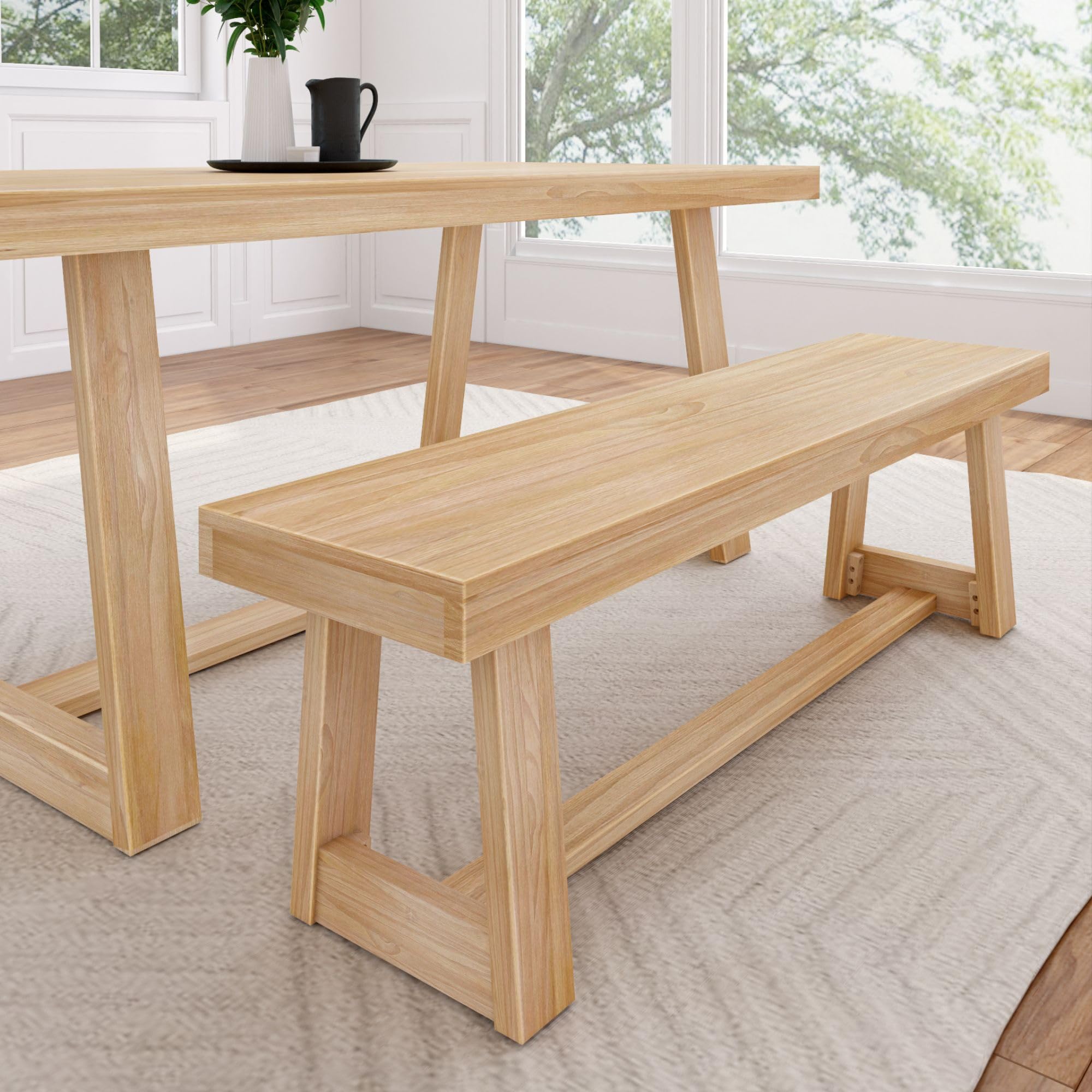 60 Inch Solid Wood Farmhouse Dining Bench by Plank+Beam - Rustic Entryway, Kitchen, Outdoor & Living Room Furniture - Easy Assembly Blonde Wirebrush Finish - Perfect for Dining Rooms, Home Offices & Patio Seating