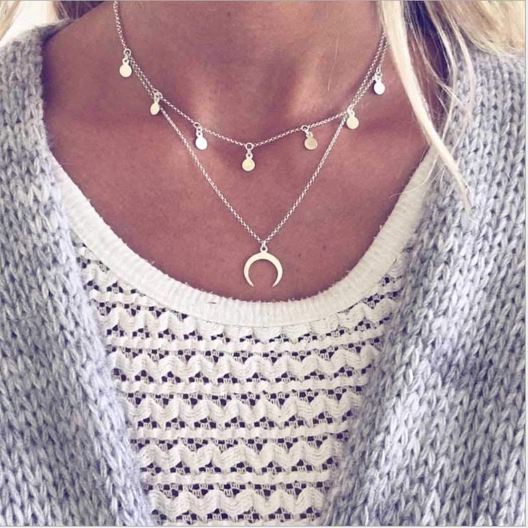 Boho Layered Necklace Set - Gold Moon Pendant with Sequins & Tassel Choker - Crescent Short Necklace Chain Jewelry for Women & Girls - Perfect for Casual Wear, Parties & Gifts