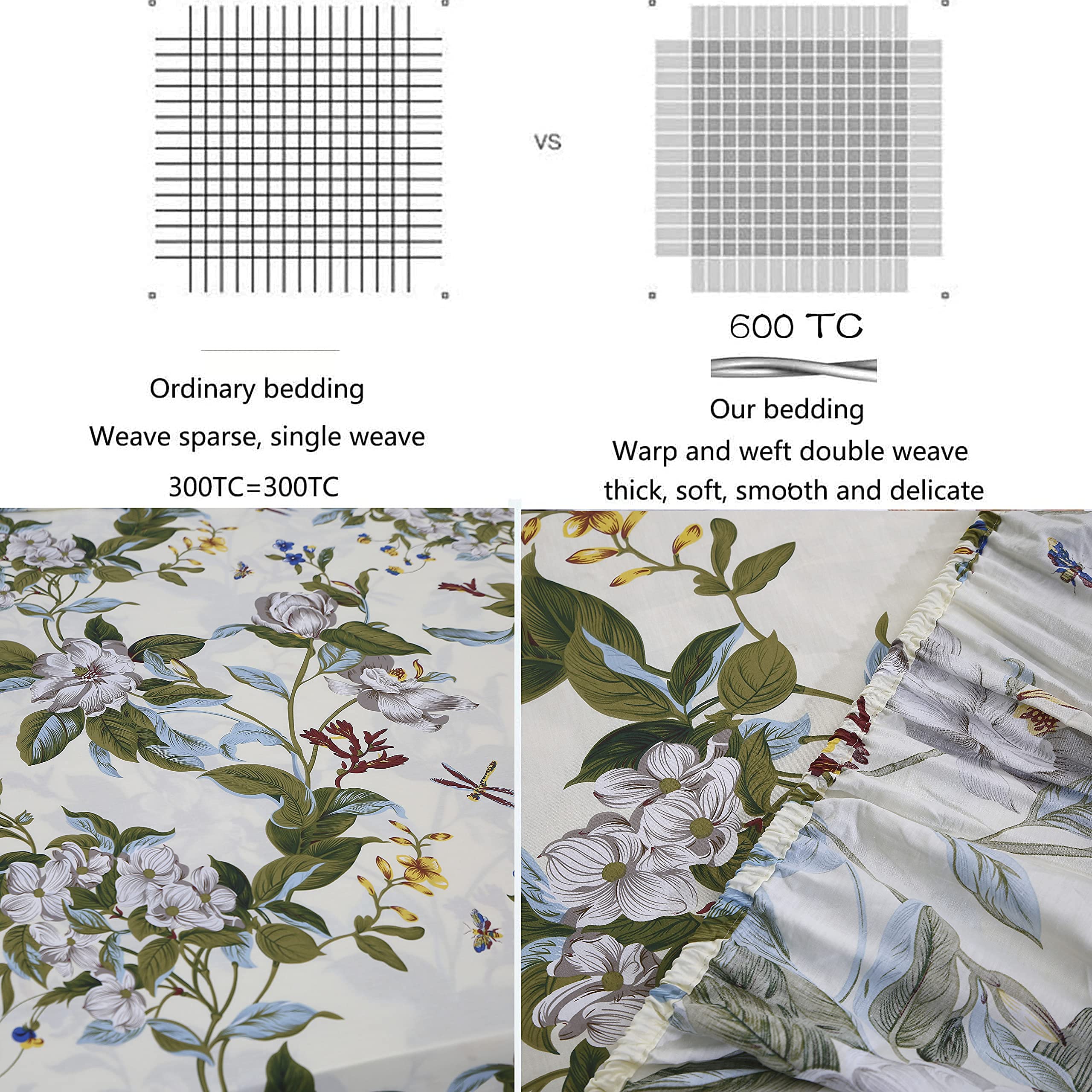 FADFAY 100% Cotton Floral Duvet Cover Set - Green Beige Striped Shabby Chic Queen Size Bedding with Deep Pocket Sheets (7-Piece Set) for Cozy Bedroom Decor & Guest Room Makeover