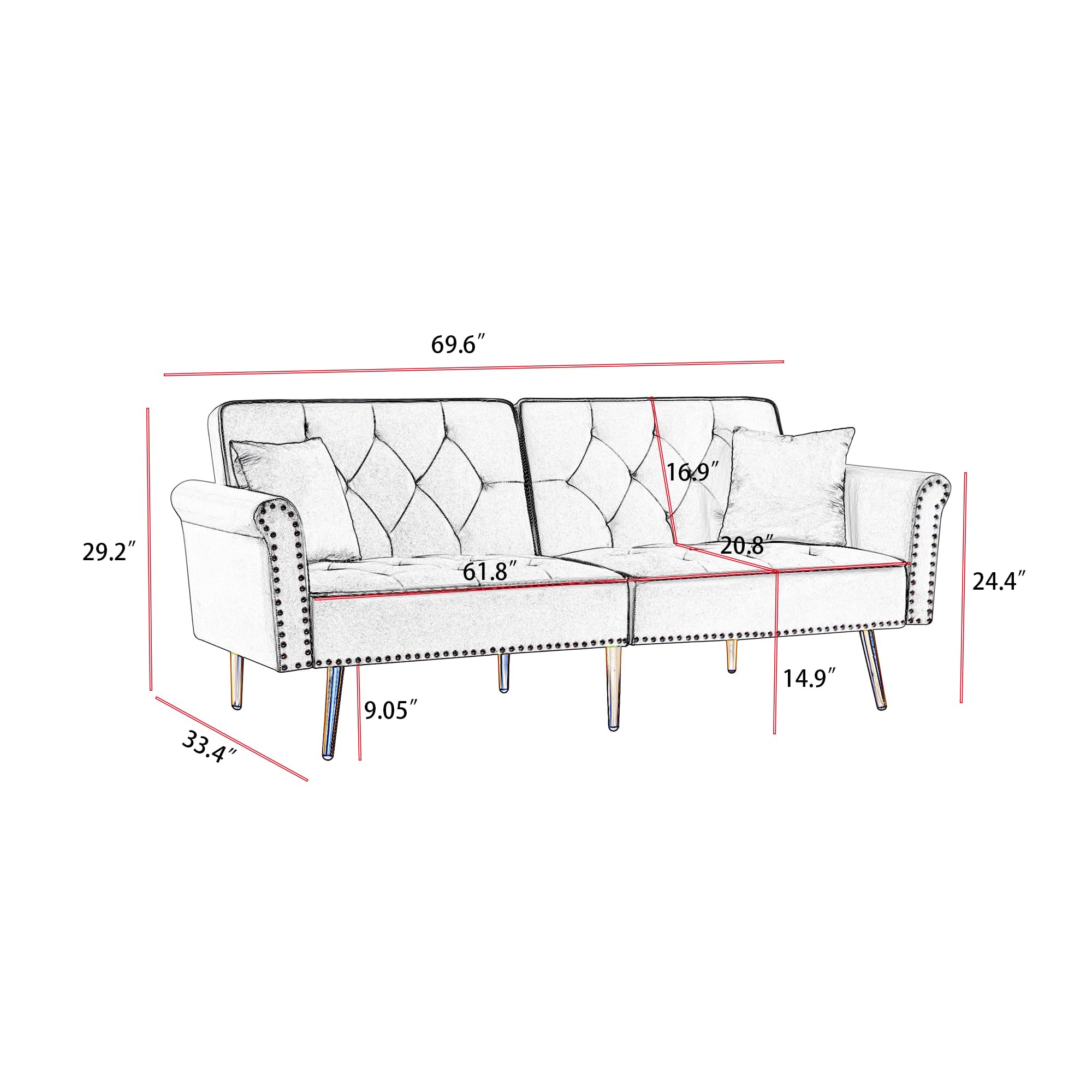 Modern Velvet Tufted Convertible Sleeper Sofa Bed with 2 Pillows & Nailhead Trim - Adjustable Backrest, Gold Metal Legs - Upholstered Loveseat for Living Room, Apartment & Small Spaces (Beige-NT) | Cozy Seating & Guest Bed Solution