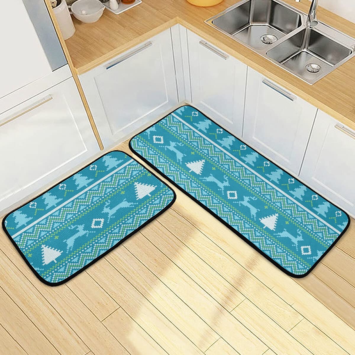 Non-Slip Washable Christmas Reindeer Squirrel Kitchen Rugs Set of 2 - Holiday Home Decor for Sink, Laundry & Floor | Perfect for Festive Kitchen Decorations & Cozy Winter Gatherings