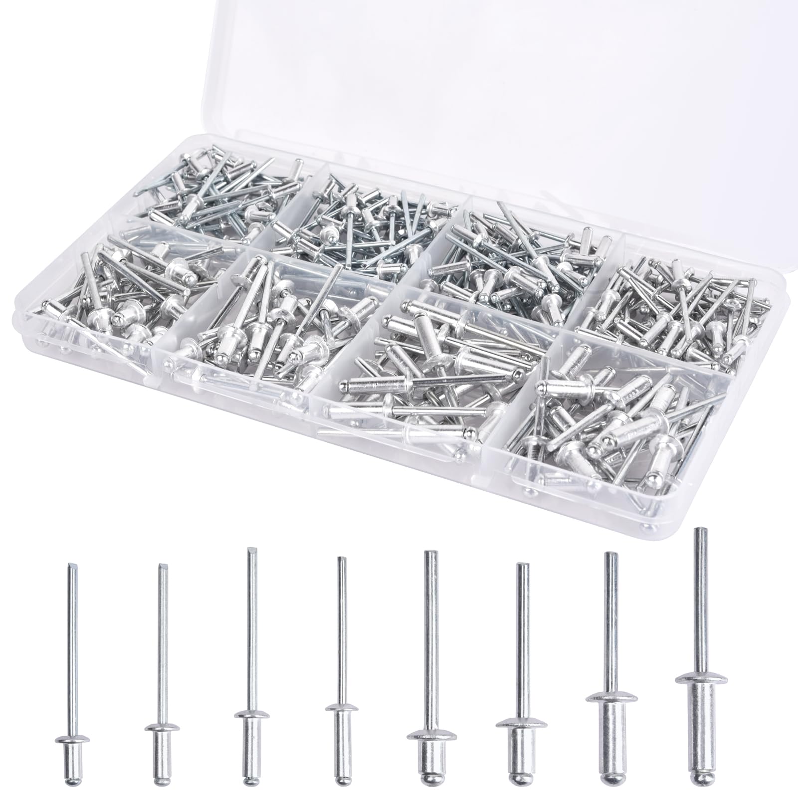 200 Pcs Aluminum Blind Rivets Assortment Kit - 8 Sizes for Metal, Wood & Plastic DIY Projects - Pop Rivets for Home Repair, Automotive & Industrial Use