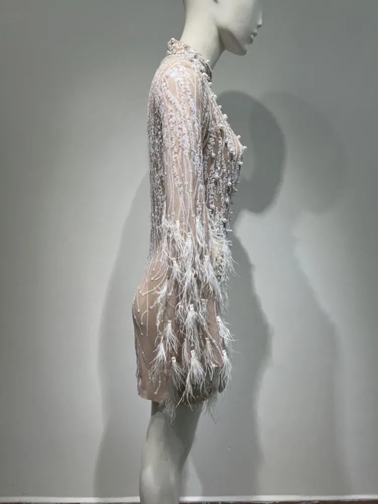 Elegant Women's Long Sleeve Feather Lace Bodycon Mini Dress for Evening Party, Birthday, Cocktail & Clubwear - Perfect for Night Out, Date Night & Special Occasions