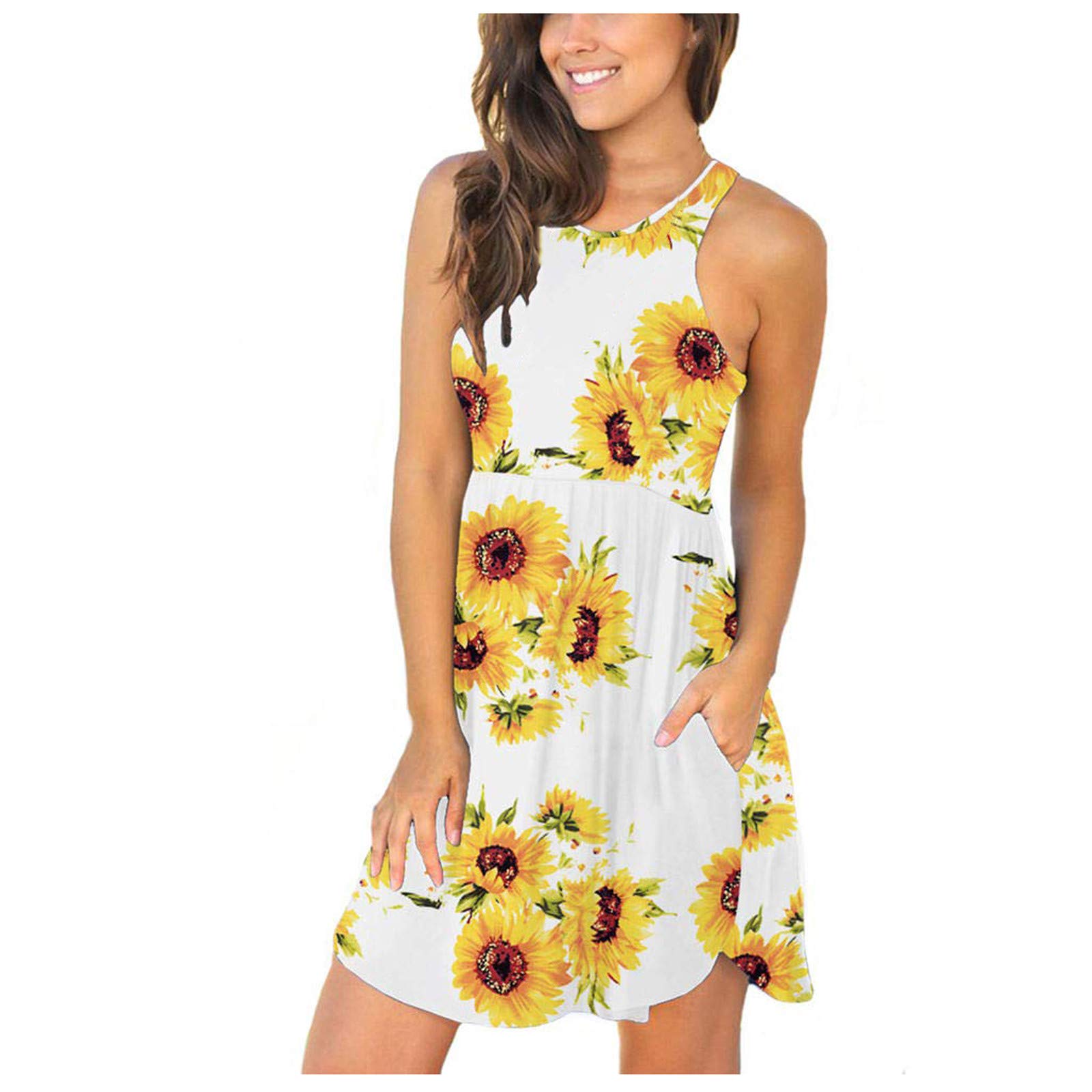 Women's Summer Floral Print Swing Dress with Round Neck, Pockets & Waist Definition - Casual Beach Wear, Party Outfit & Everyday Comfort