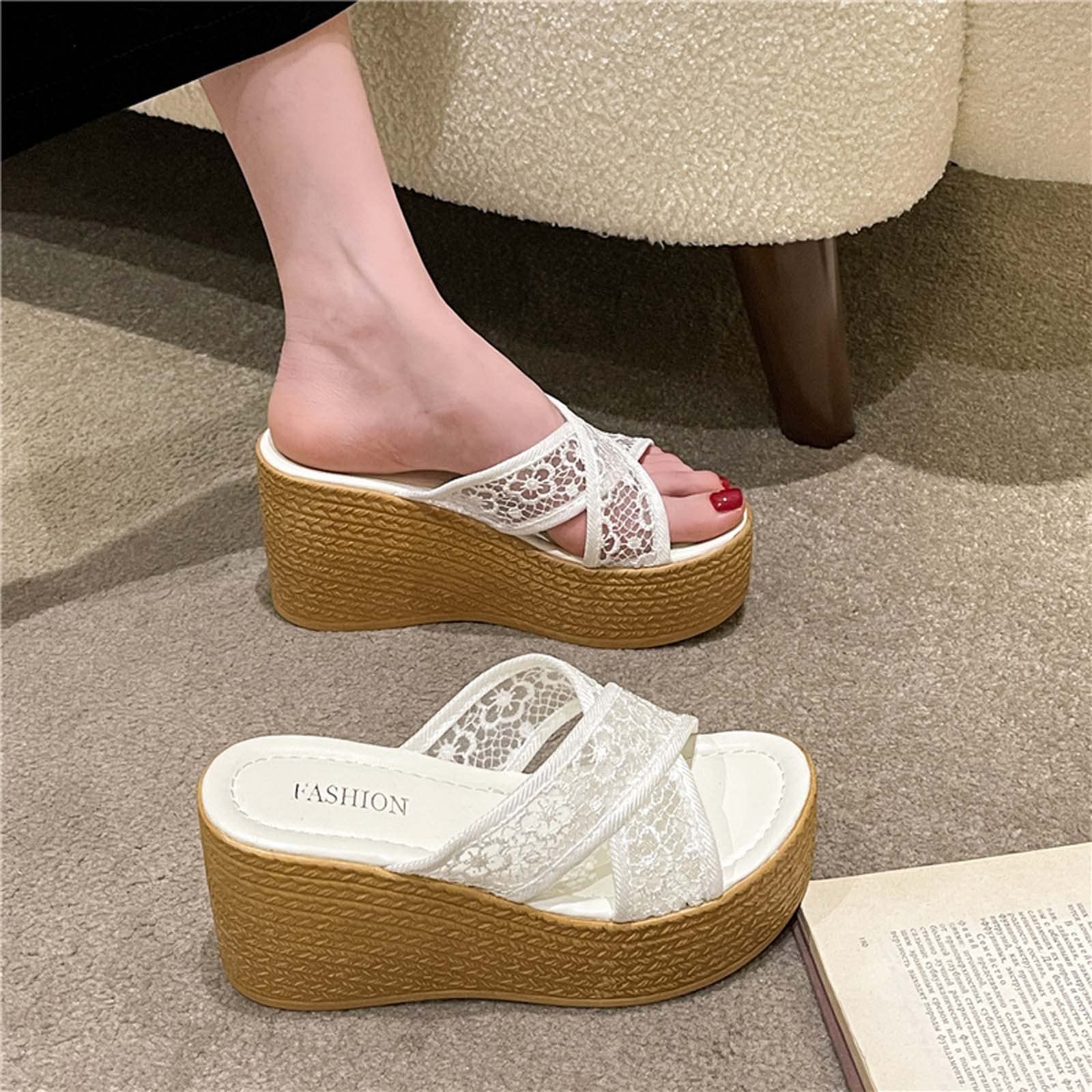 Women's Dressy Summer Platform Sandals - Floral Lace Cross Strap Wedge Heel Open Toe Slides (4.5 Inch) for Beach, Wedding & Casual Outings