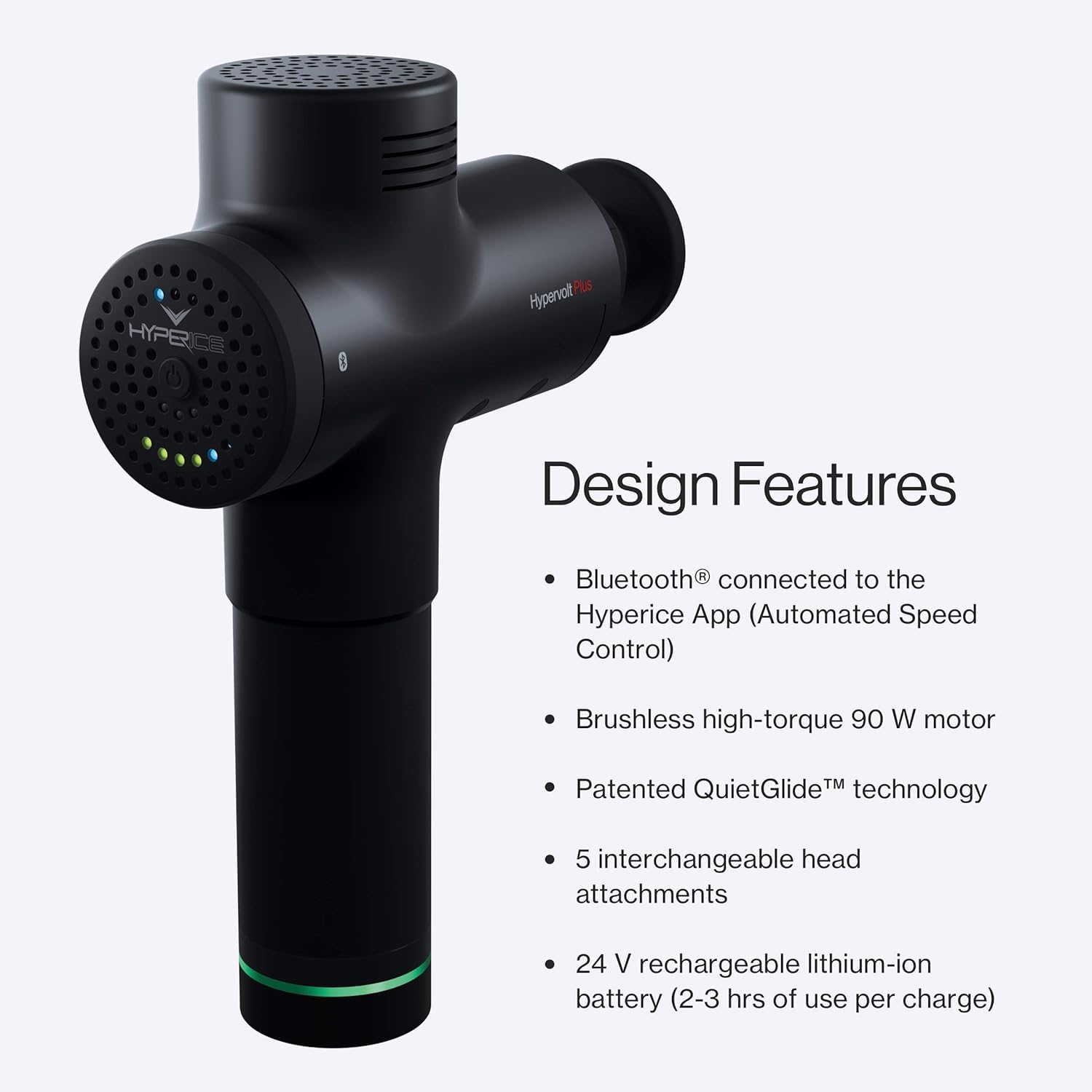 Hypervolt Plus Percussion Massage Gun with Quiet Glide Technology - 3 Speed Levels & 5 Interchangeable Heads for Muscle Recovery - Bluetooth Enabled Deep Tissue Massager for Athletes, Gym Workouts & Post-Exercise Pain Relief