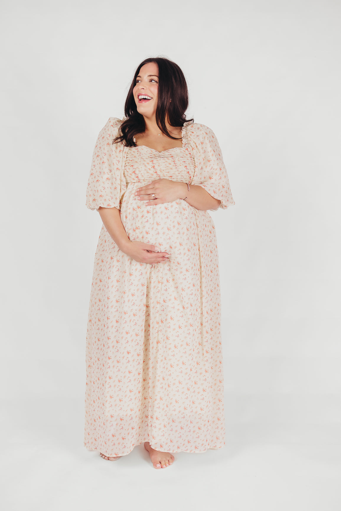 Melody Maxi Dress with Pleats & Bow Detail - Ivory Floral Print Maternity Dress | Bump Friendly & Inclusive Sizing (S-3XL) | Perfect for Weddings, Baby Showers & Summer Events