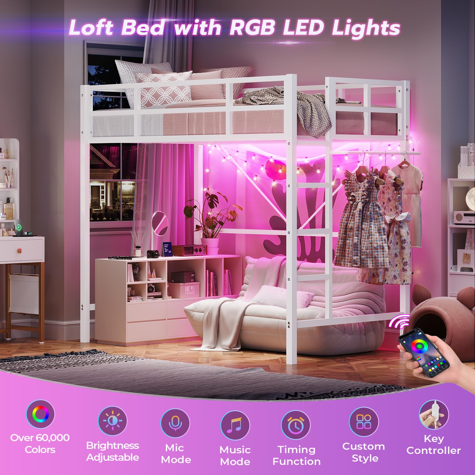 DICTAC Twin Size Loft Bed with LED Lights - Heavy Duty Metal Junior Loft Bed Frame with Full-Length Guardrail & Ladder | Noise-Free, Space-Saving Design | No Box Spring Needed | White | Perfect for Kids' Rooms, Dormitories & Small Spaces