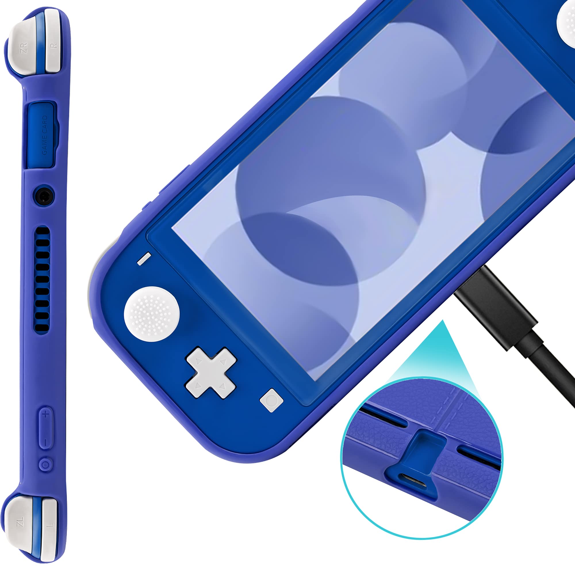 Nintendo Switch Lite Protective Case - Soft Grip TPU Cover with Ergonomic Handles & 4 Thumb Stick Caps | Self-Standing Design | Perfect for Gaming On-The-Go (Blue)
