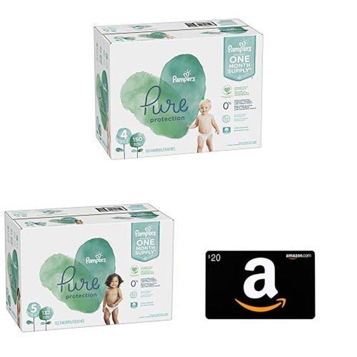 Pampers Pure Disposable Baby Diapers Size 4 (150 Count) & Size 5 (132 Count) with $20 Amazon Gift Card - Madonna with Child Design - Soft & Hypoallergenic for Newborns & Toddlers - Perfect for Daycare, Travel & Overnight Protection
