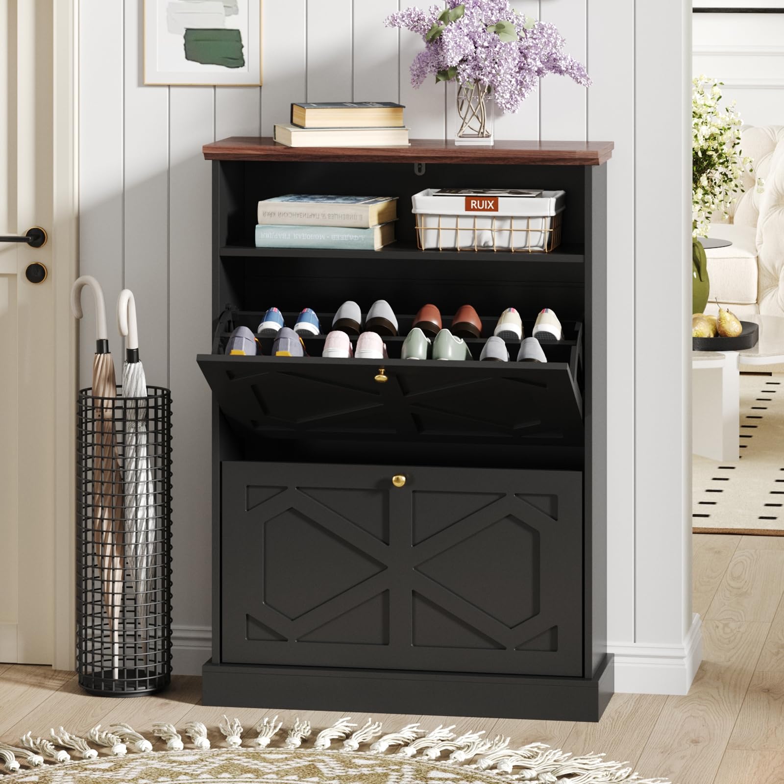 Maupvit 2-Tier Flip-Drawer Shoe Storage Cabinet - Freestanding Entryway Shoe Organizer with Open Shelves & Wooden Legs - Farmhouse Narrow Shoe Rack for Foyer, Hallway, Living Room - Perfect for Small Spaces & Home Organization (Black)