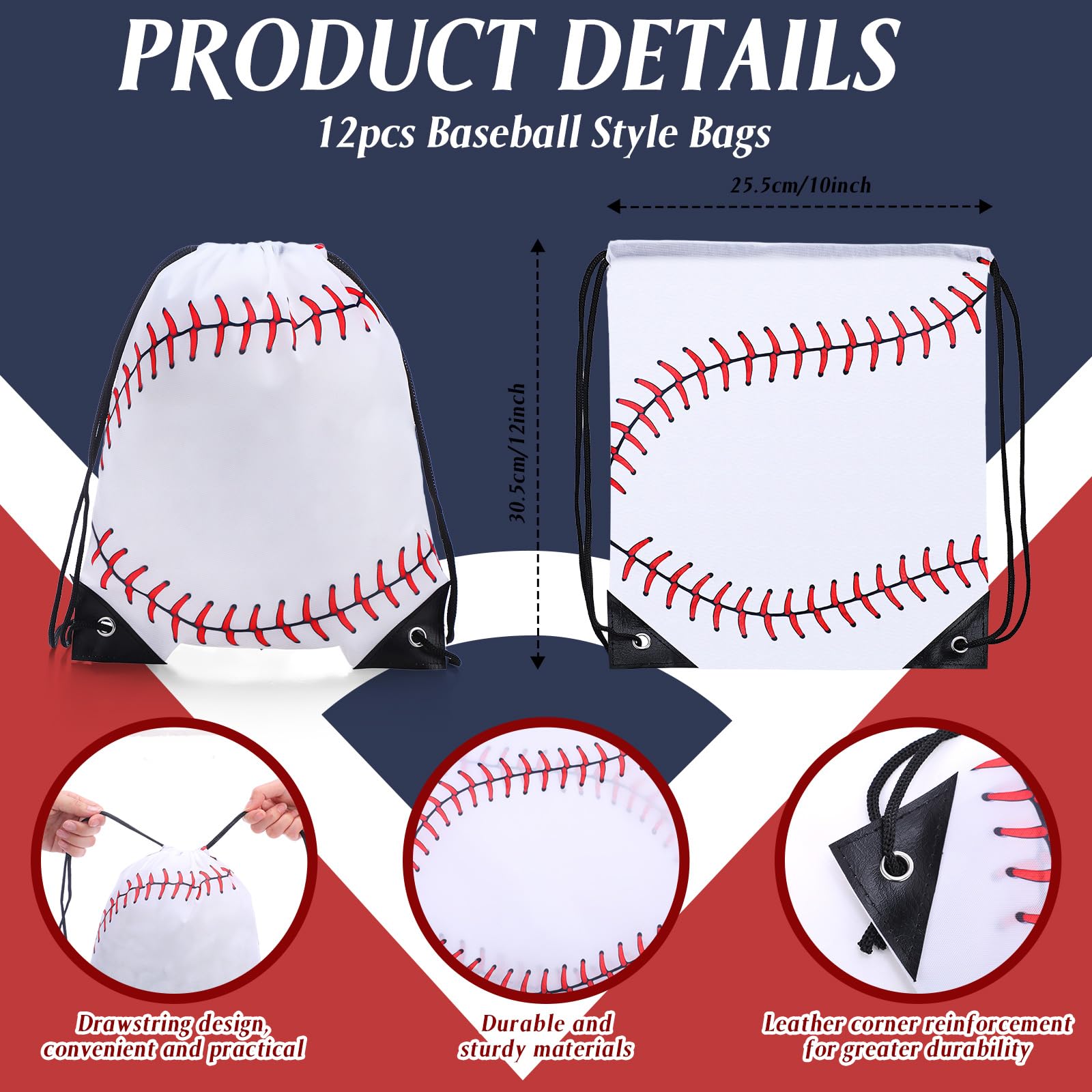 12 Pack Drawstring Backpacks with Wrist Strap - Sports Party Favors, Kids Gift Bags, Baseball Game Accessories - Perfect for Team Events, Birthday Parties & School Activities