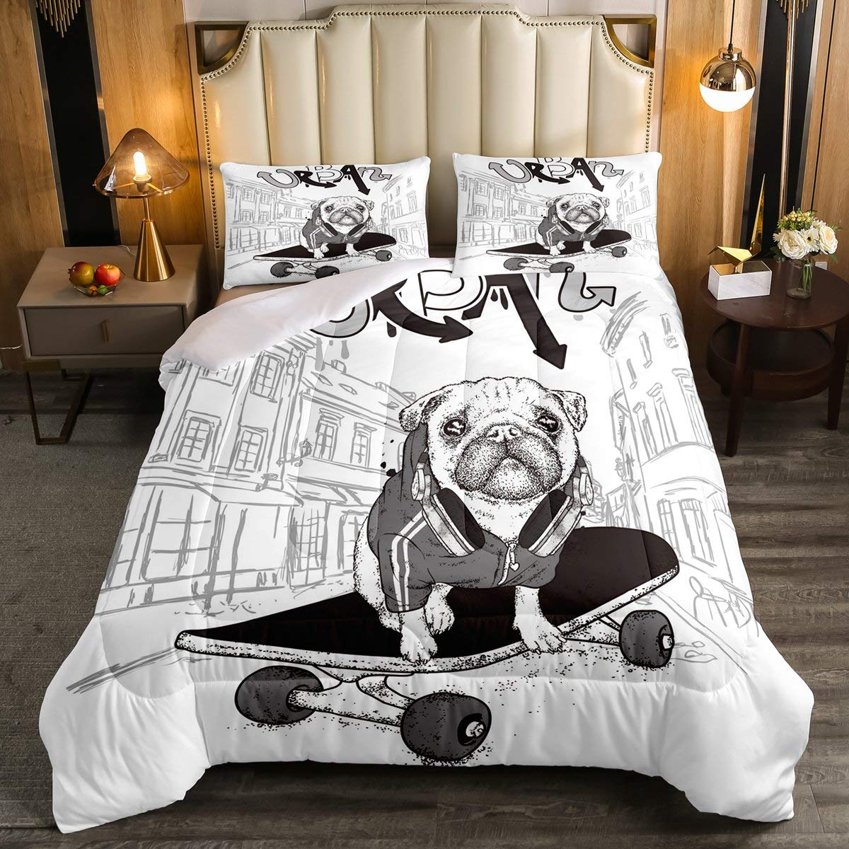 Full Size Pup Dog Comforter Set - Skateboard Headboard Pattern Duvet Cover for Kids & Teens | Cartoon Pet Animal Hippie Puppy Bedding | Sharpei Dog Lover Bedroom Decor in Black & White Sketch - Perfect for Boys' Rooms, Dorm Decor, and Dog-Themed Bedrooms