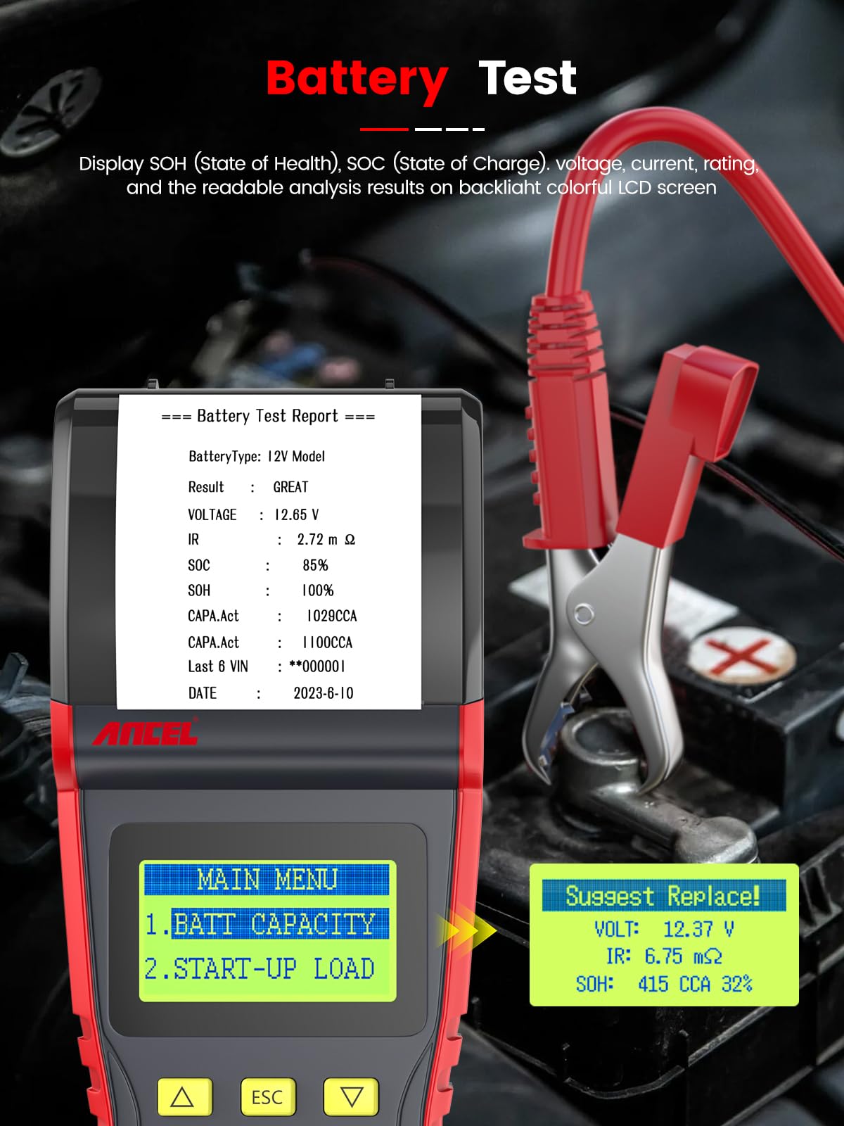 ANCEL BST500 12V 24V Car Battery Load Tester with Printer - 99% Accurate Automotive Battery Analyzer for Cranking & Charging System - Heavy Duty Battery Tester for Car, Truck, SUV, ATV, RV - Perfect for Mechanics & DIY Auto Maintenance