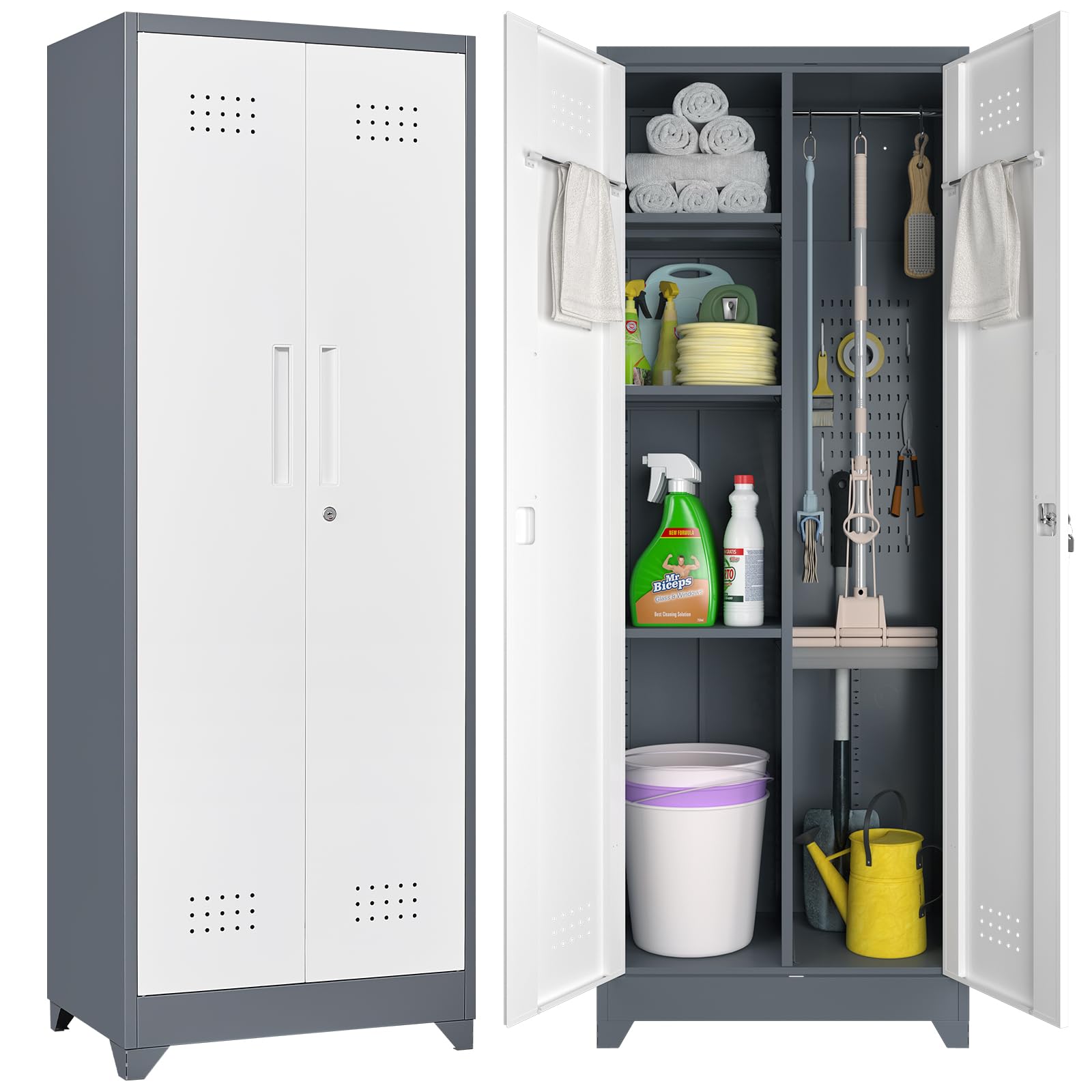 Metal Broom Storage Cabinet with Pegboard - Organize Cleaning Supplies, Brooms & Mops - Heavy Duty Laundry, Garage & Gym Storage Solution - Perfect for Home Organization & Cleaning Tool Storage