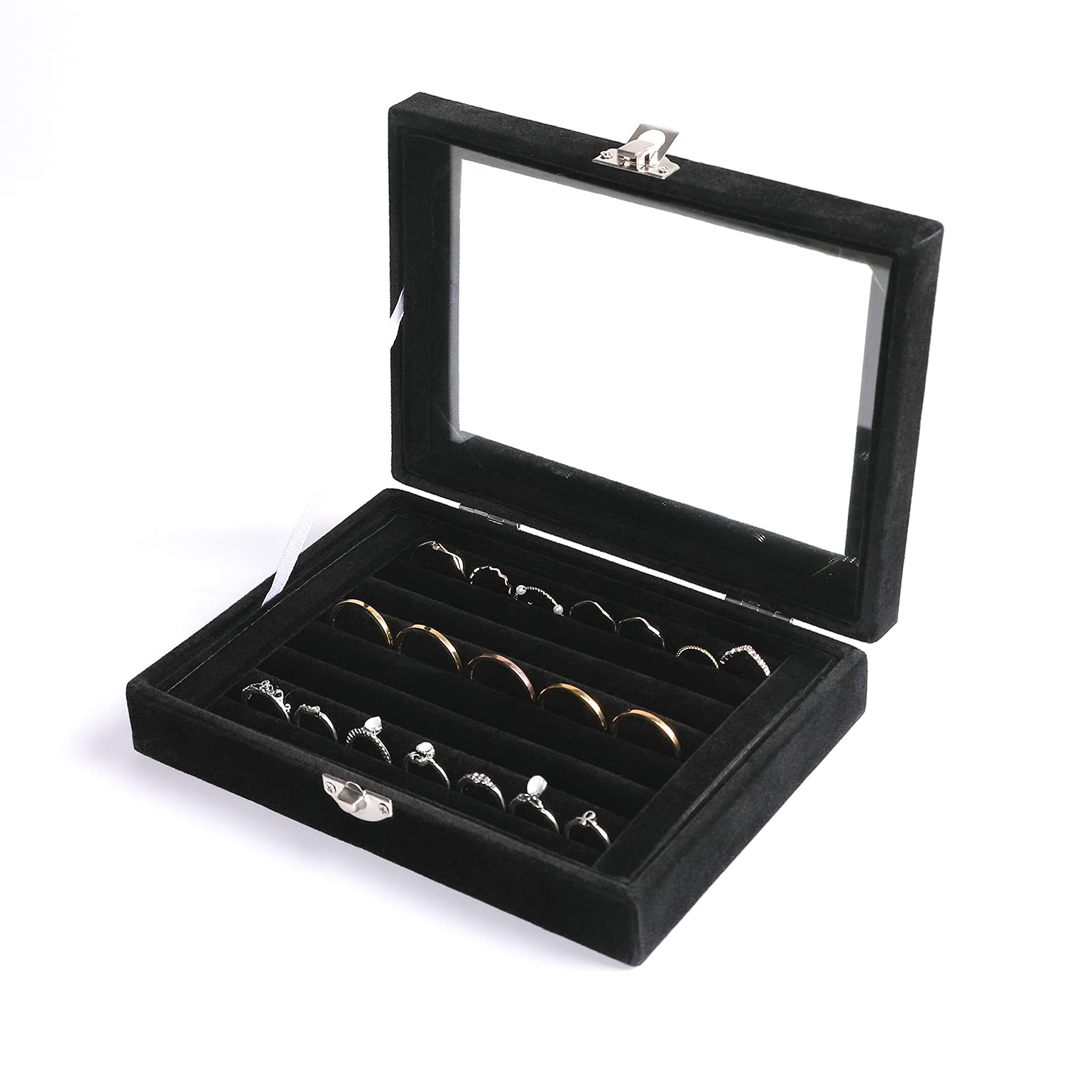 Frebeauty 7-Slot Jewelry Organizer Box with Clear Lid - Velvet Ring & Earring Storage Tray, Drawer Insert for Women - Perfect for Travel, Home Vanity, and Jewelry Display (Black)