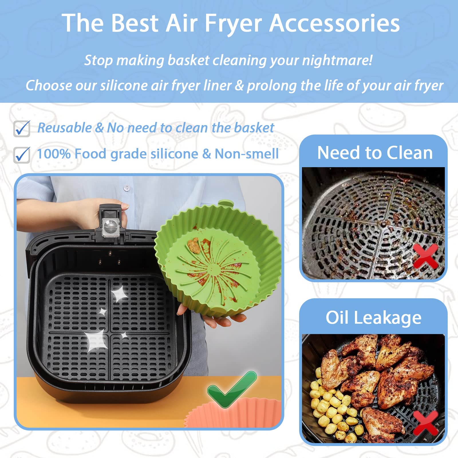 Non-Stick Reusable Silicone Air Fryer Liners - X-Large Green COSORI Air Fryer Basket Accessories for Healthy Cooking | Perfect for Roasting, Baking & Frying Chicken, Vegetables & More