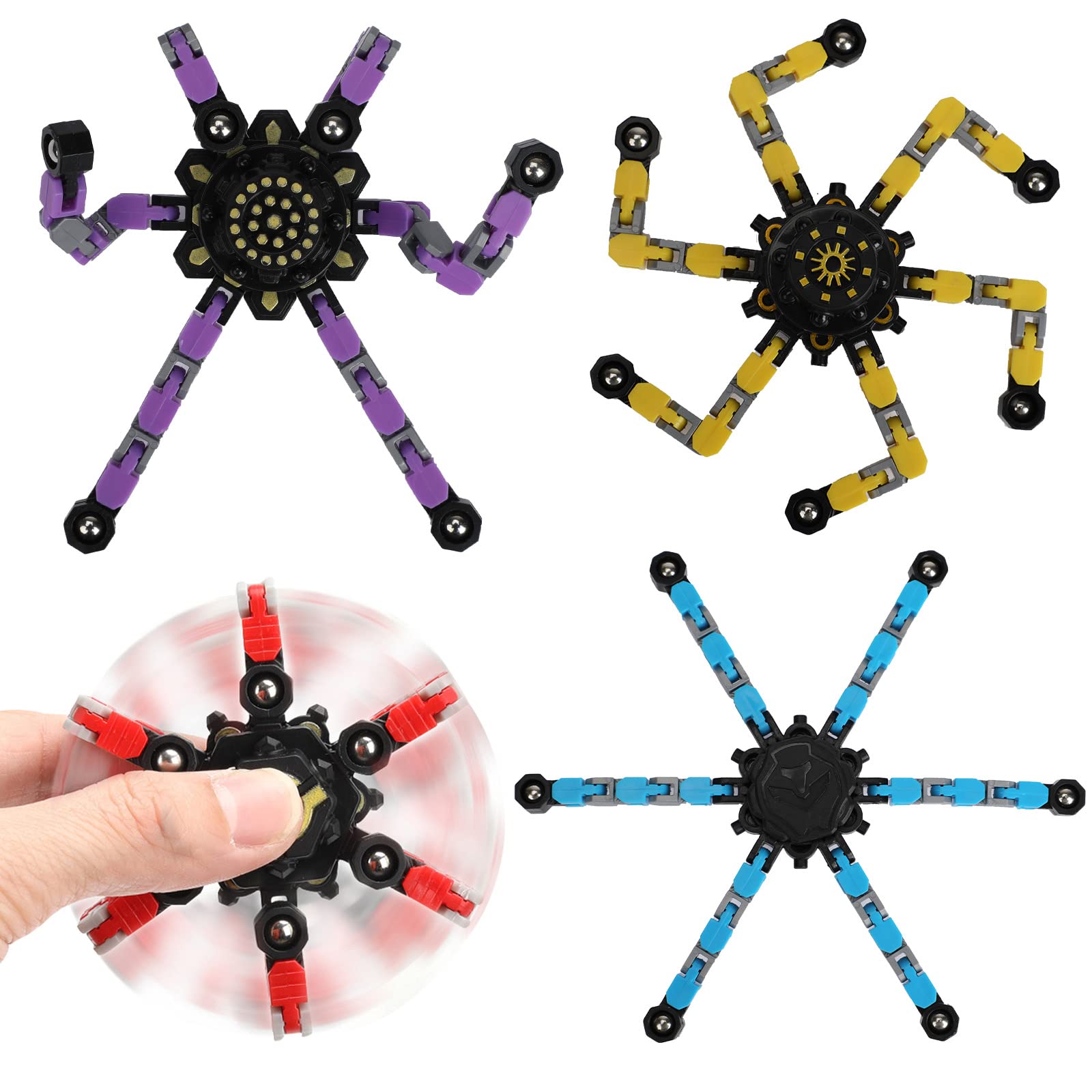 4 Pack Transformable Fidget Spinner Set - Stress Relief & Anti-Anxiety Sensory Toys for Kids & Adults | Perfect for Christmas Gifts, Birthday Party Favors & Classroom Rewards (Office, Travel, ADHD Focus Aid)
