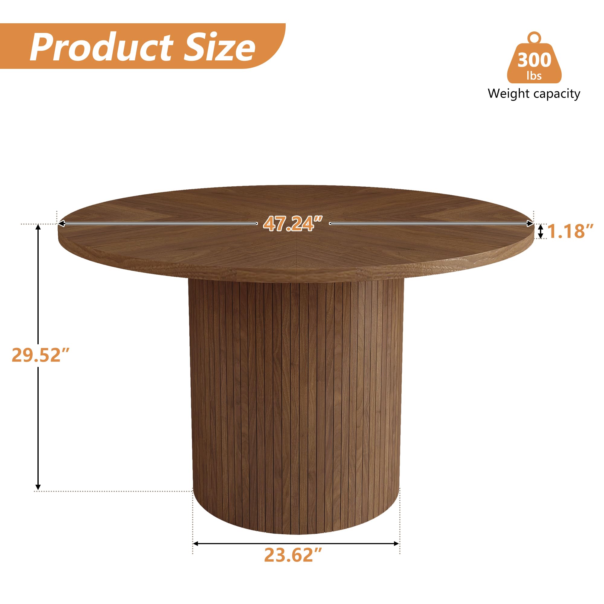 47 Inch Round Dining Table for 4 - Modern Farmhouse Kitchen Table with Wood Strip Base - Solid Wood Circle Dining Table for Small Spaces - Perfect for Kitchen, Living Room & Breakfast Nook (Walnut)