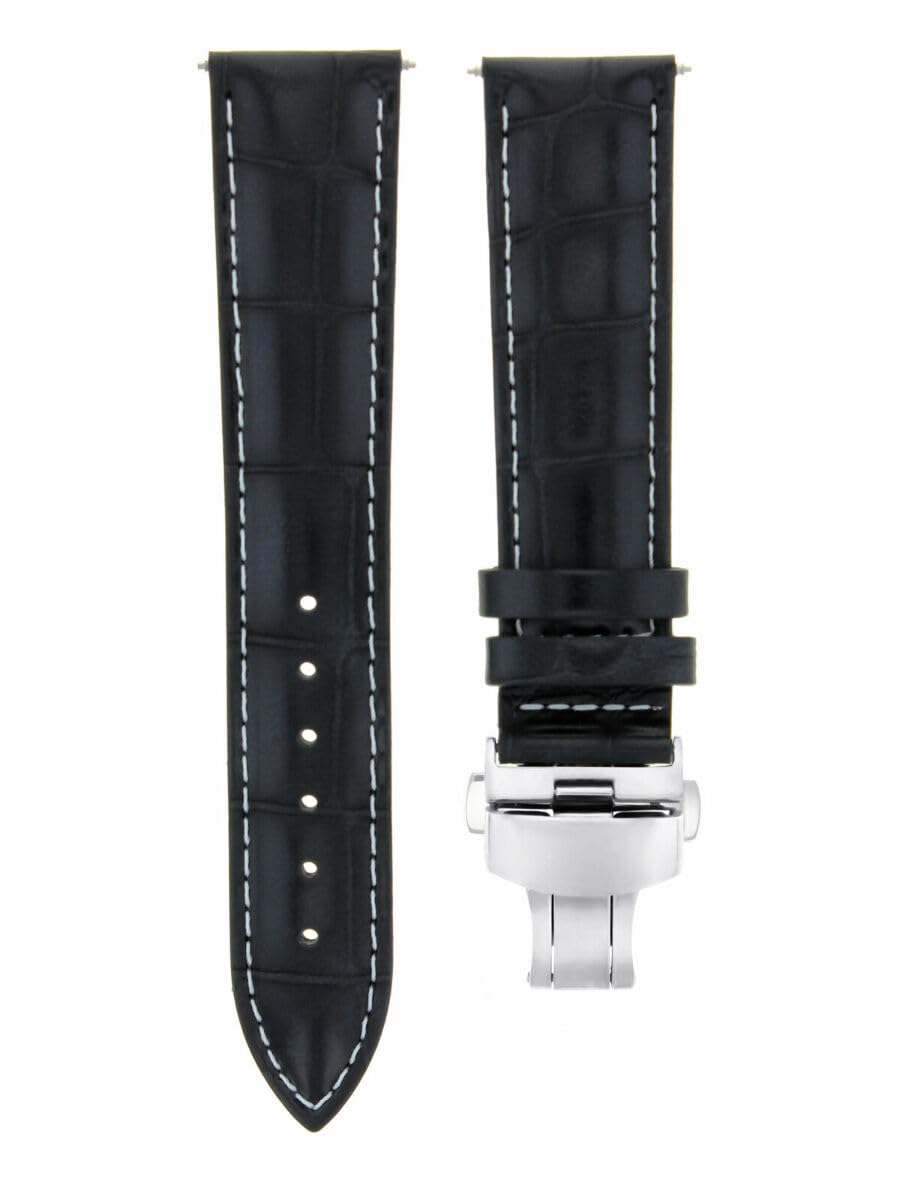19mm Leather Watch Band for Baume Mercier - Black with White Stitching | Dress & Business Watches