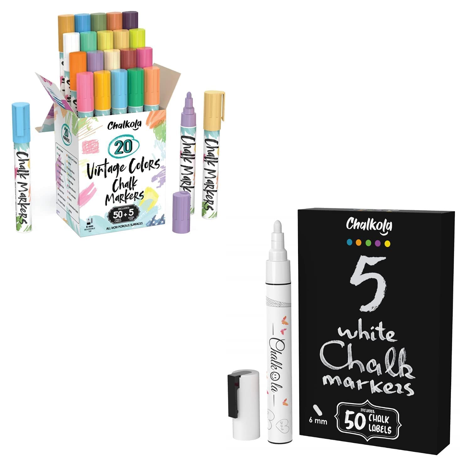 Vintage & White Chalk Art Bundle - 20 Pack 6mm Colored + 5 Pack 6mm White Chalk for Sidewalk Art, Classroom Teaching & Kids Outdoor Activities