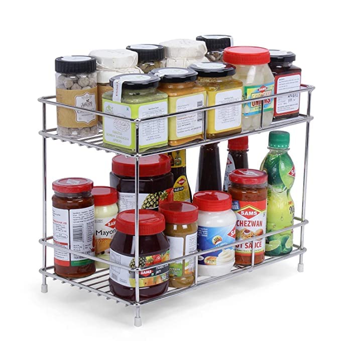 Heavy Duty Stainless Steel 2-Tier Kitchen Shelf Organizer - Space Saving Floor Mount Rack for Utensils, Dishes & Storage - Perfect for Small Kitchens, Pantries & Restaurant Prep Areas