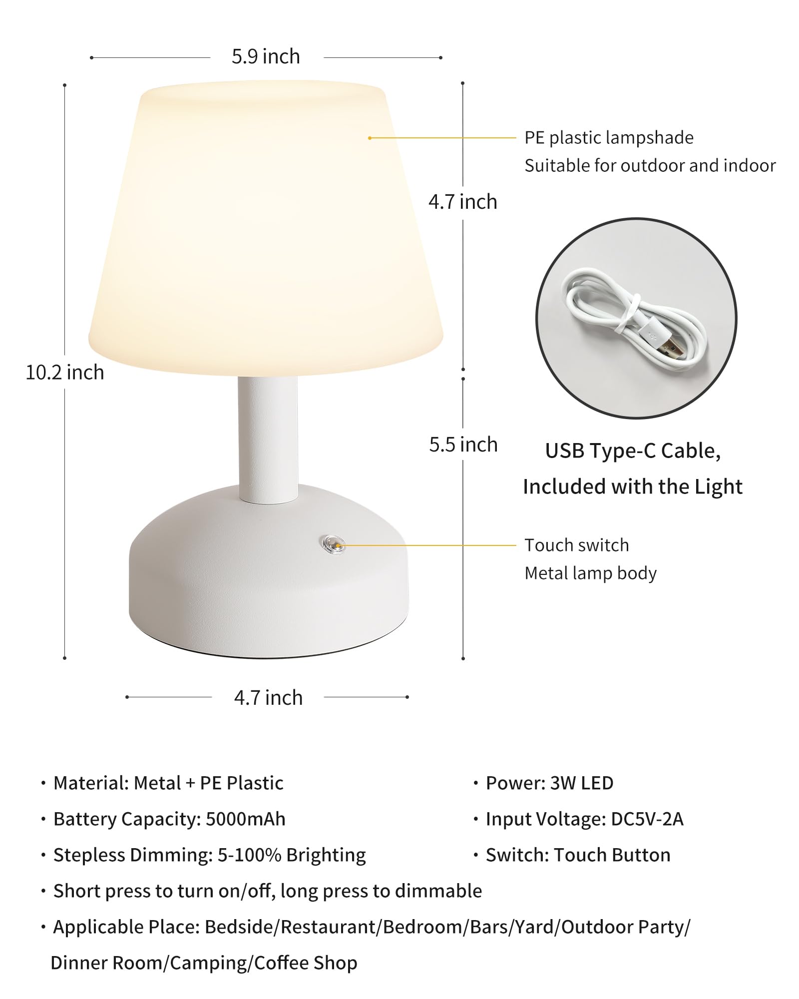 KDG Modern Cordless Small Table Lamps - Waterproof LED Dimmable Desk Lamp with 5000mAh Rechargeable Battery, Portable Night Light for Outdoor, Shower, Restaurant, Bedroom & Bathroom - Perfect for Reading, Camping & Emergency Lighting (White)