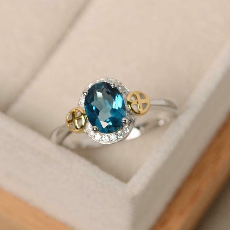 1.4ct Oval Cut London Blue Topaz Celtic Cross Halo Ring - BeBold White Gold Plated Jewelry for Women, Wedding, Anniversary & Gift Occasions