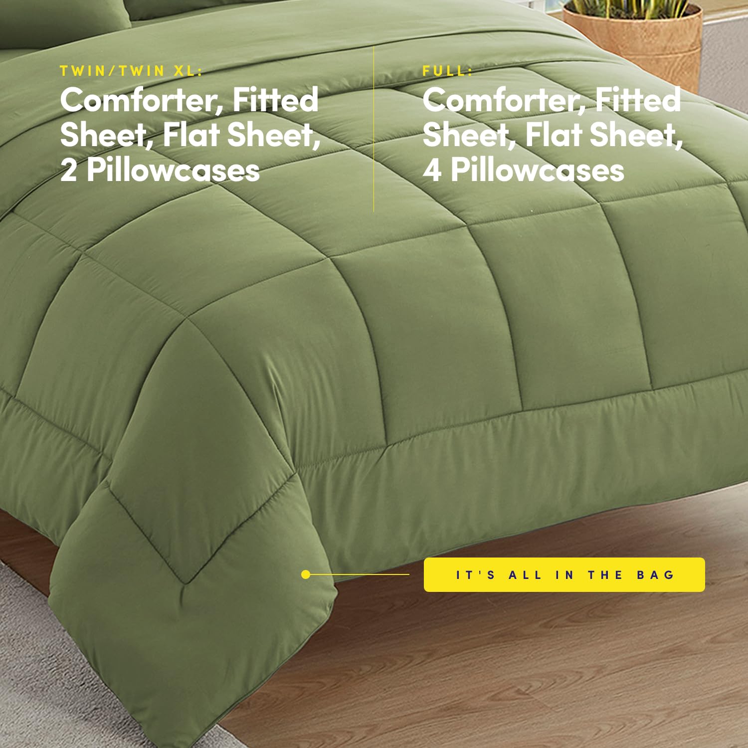 5-Piece Twin Size College Bedding Comforter Set - Sage Green Dorm Room Essentials for Boys & Girls | Perfect for College Students' Bed in a Bag | Ideal for Dorm Rooms, First Apartments & Teen Bedrooms