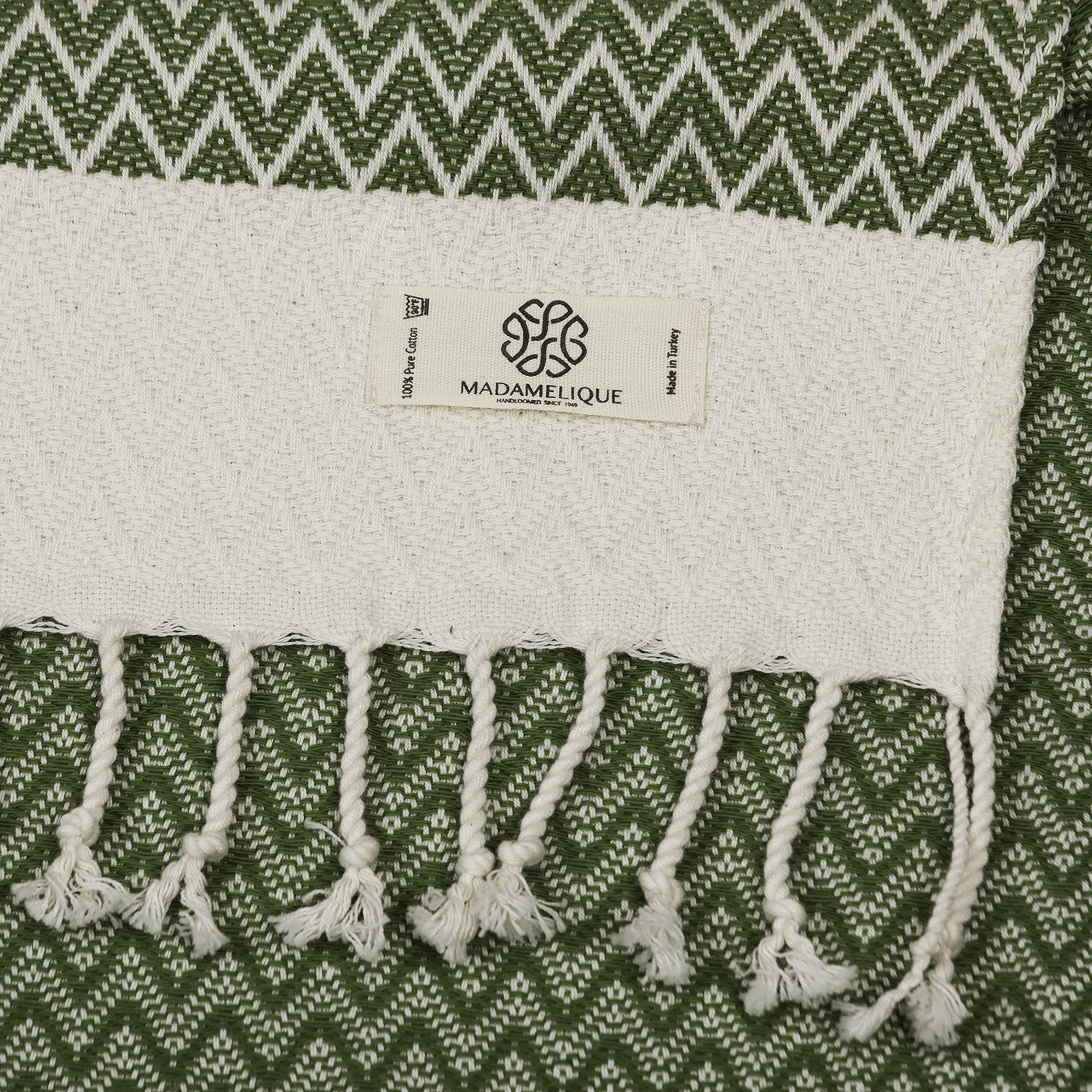 Madamelique Exclusive 100% Cotton Hand Towels Set of 2 (18x40 Inches) - Soft Absorbent Peshtemal Bath Towels for Bathroom, Kitchen, Yoga & Spa - Olive Green Decorative Turkish Towels for Hand, Face, Hair & Dish Drying - Perfect for Home, Travel & Gift Giving